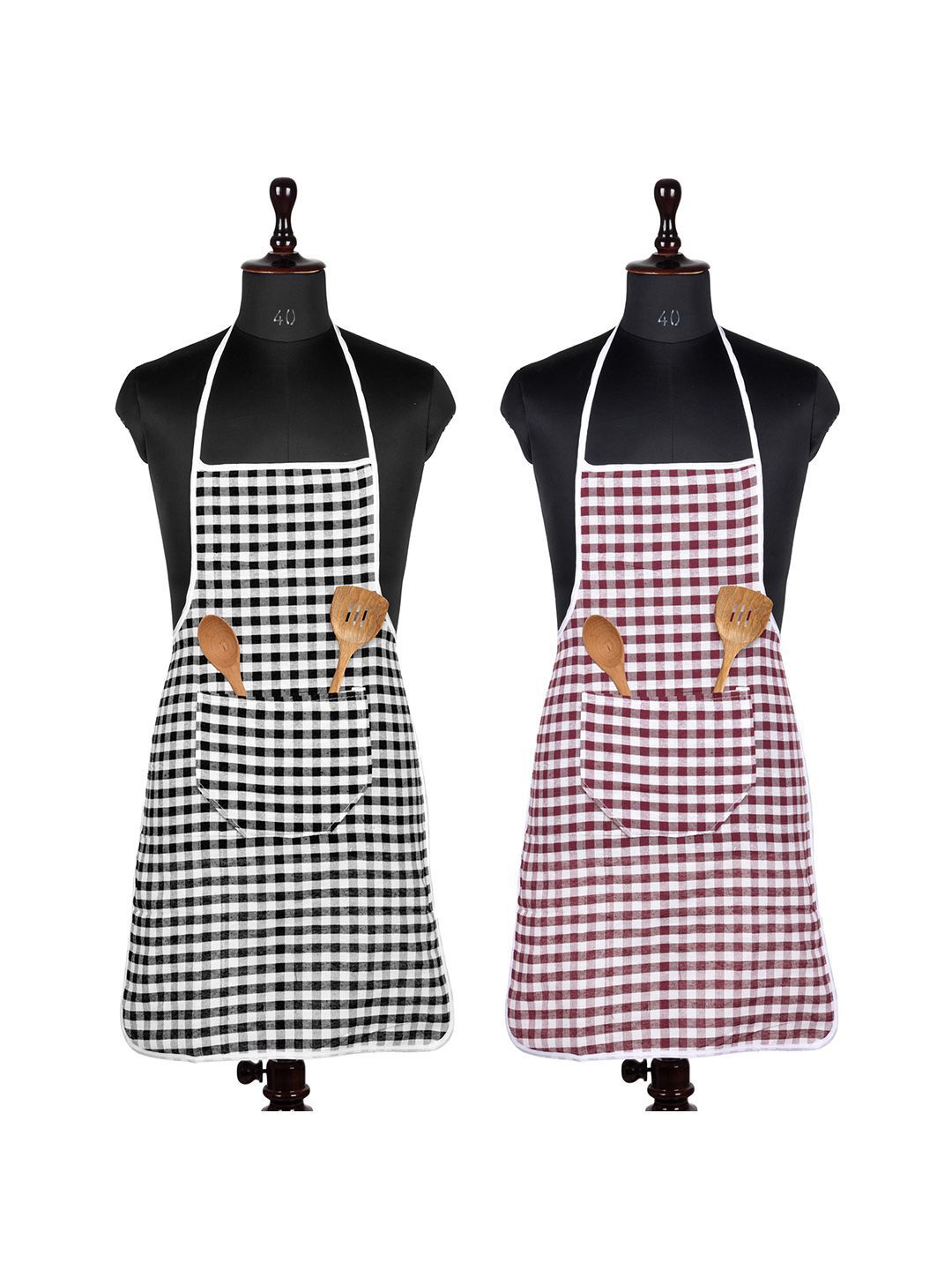 Kuber Industries 2-Pcs White & Black Checked Cotton Skin Friendly Water Resistant Aprons-picture-14