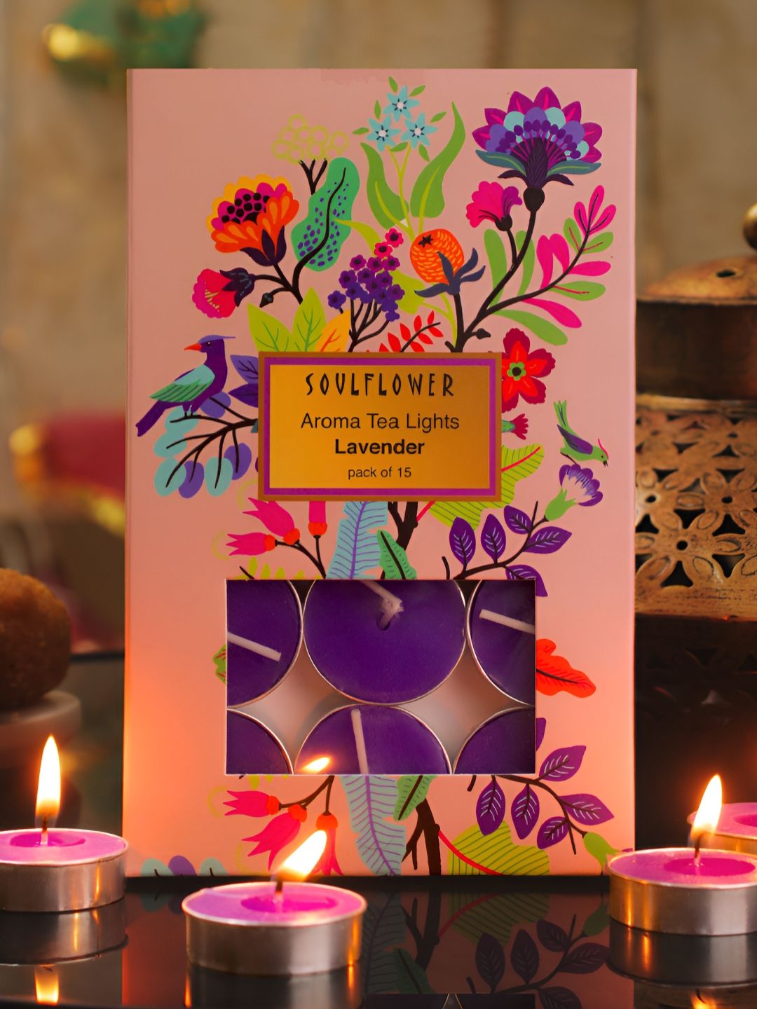 Soulflower Pink and Silver-Toned 12 Pieces Lavender Aroma Tea Light Candles-picture-26