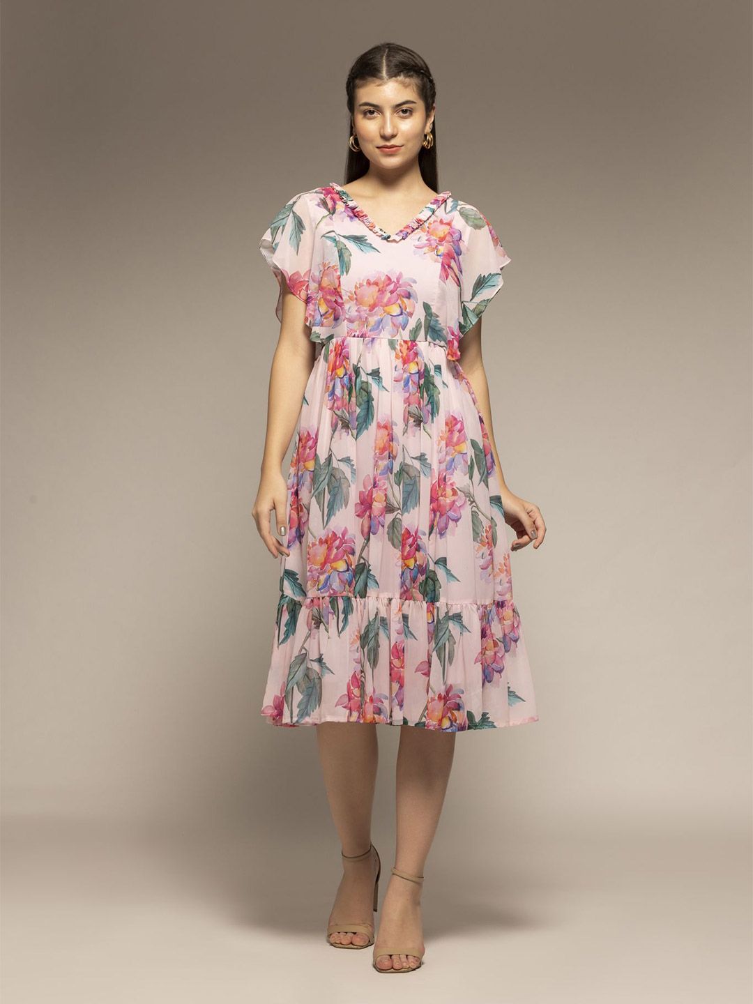 Tropical Print Puff Sleeves Georgette A-Line Dress main image 0