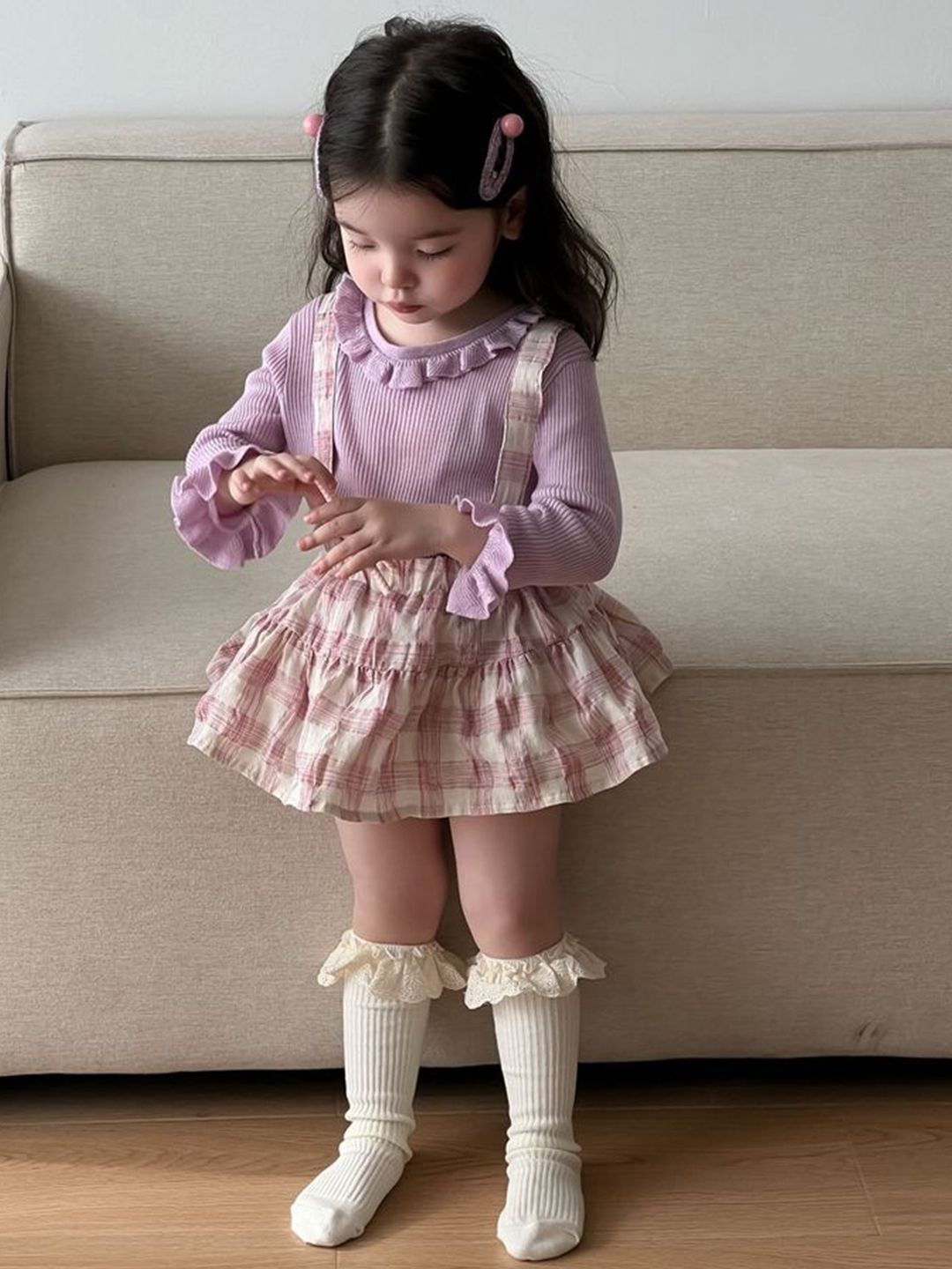 LULU & SKY Infant Girls Checked Pure Cotton Dungaree-picture-34