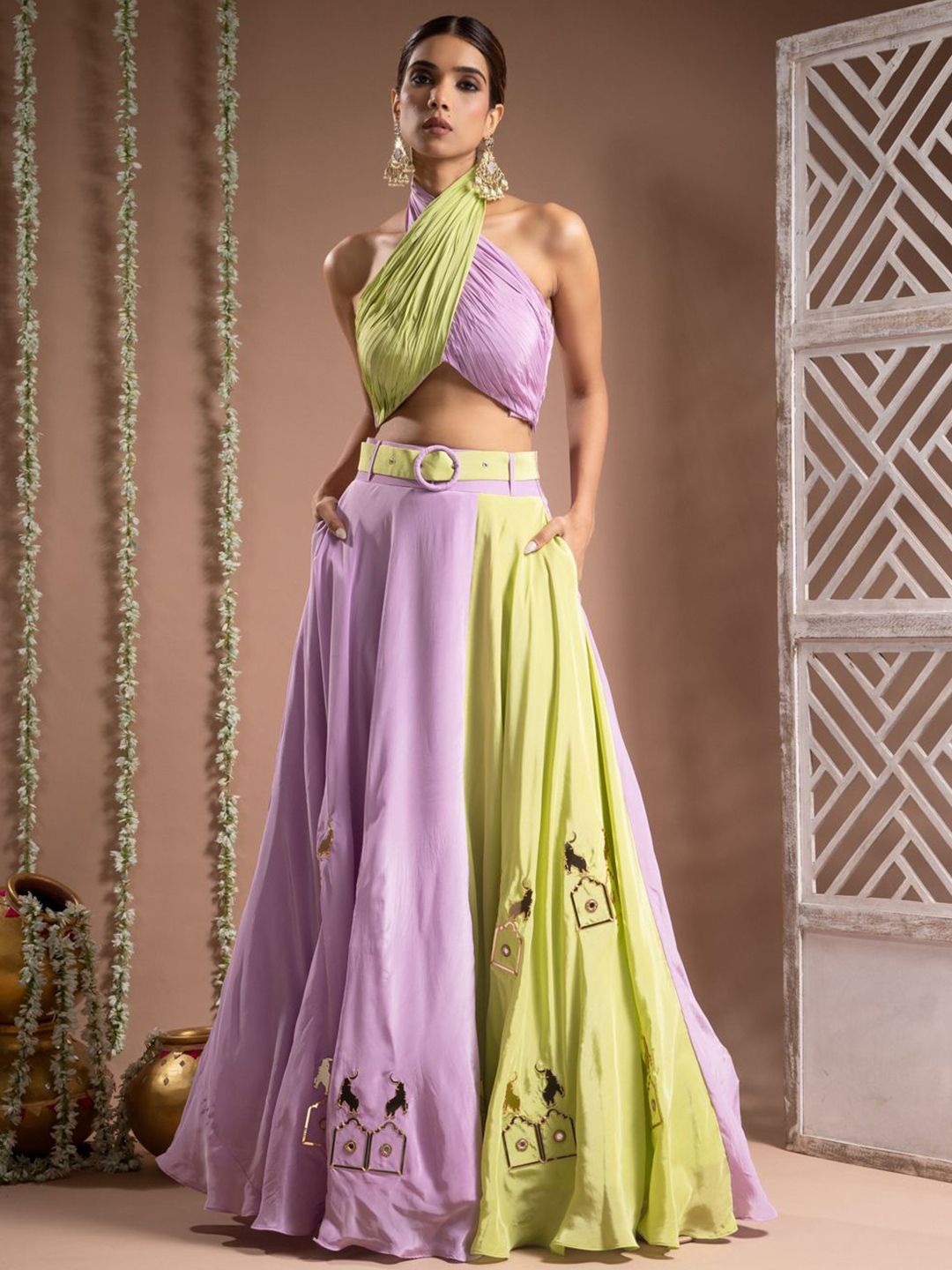AHI Clothing Colourblock Halter Neck Choli And Lehenga With Belt-image-25