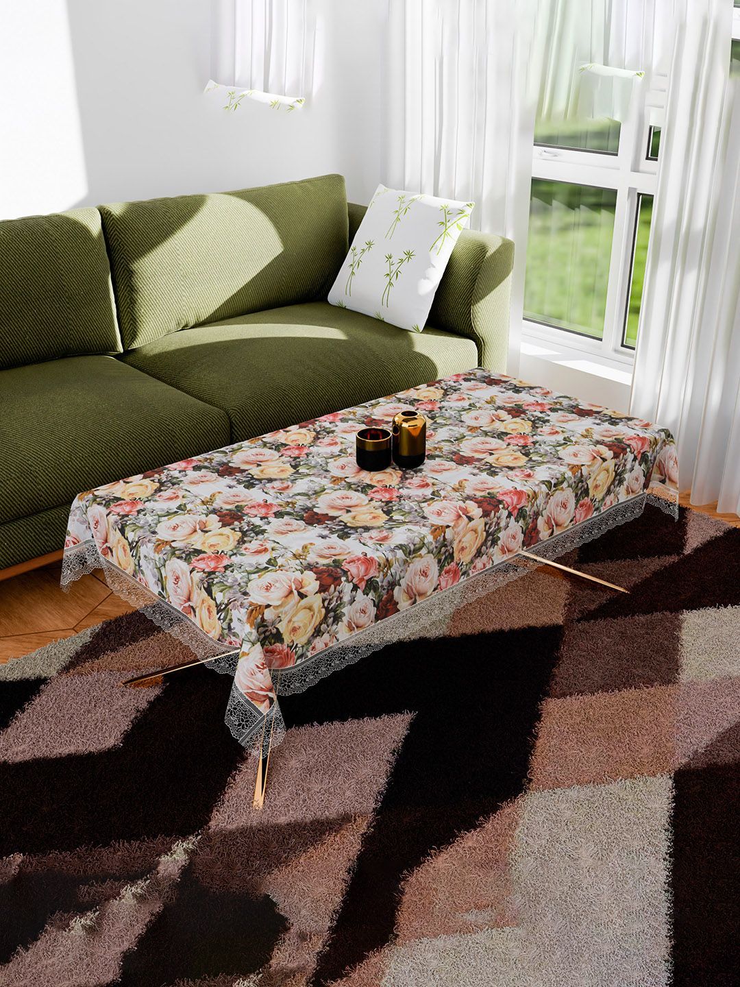 Kuber Industries White & Green Floral Printed Anti-Skid 2-Seater Table Cover-picture-36