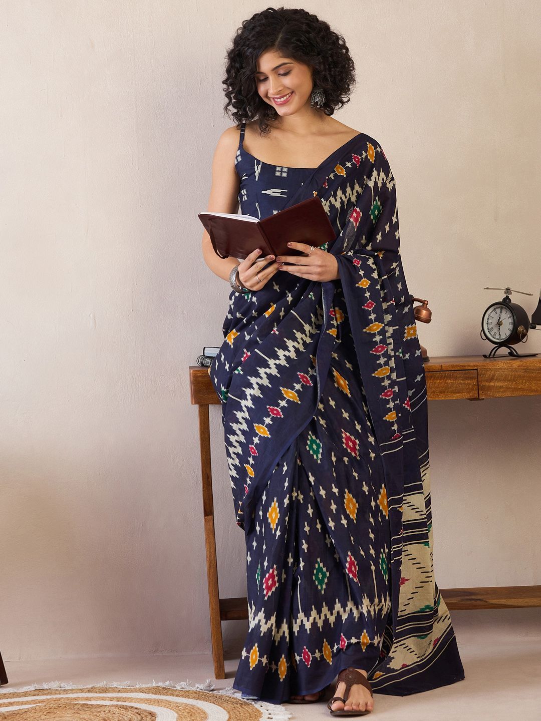 Ethnic Motifs Poly Cotton Ikat Ready to Wear Saree