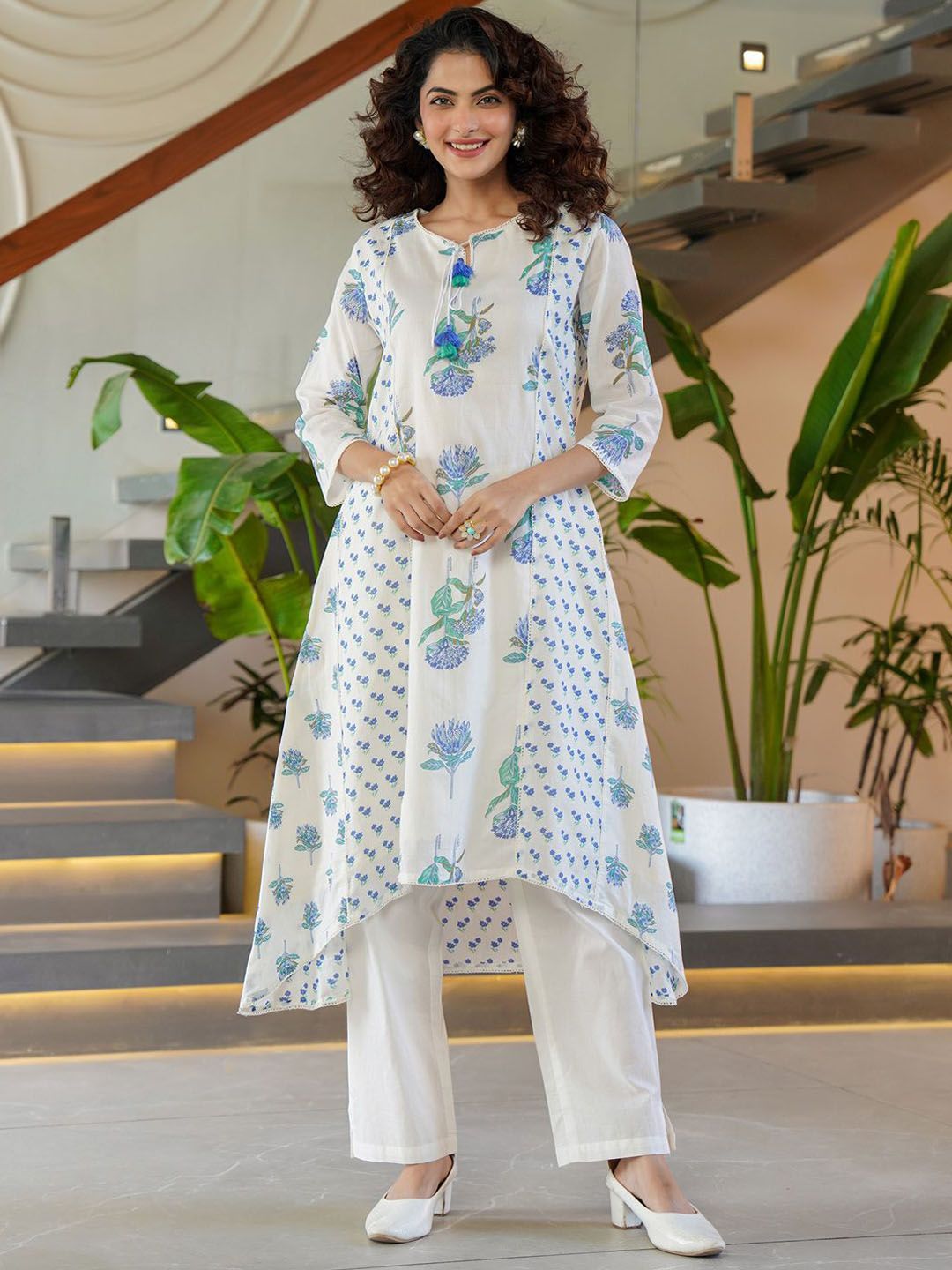 Indo Era Women Floral Printed Panelled Pure Cotton Kurta with Trousers-picture-19