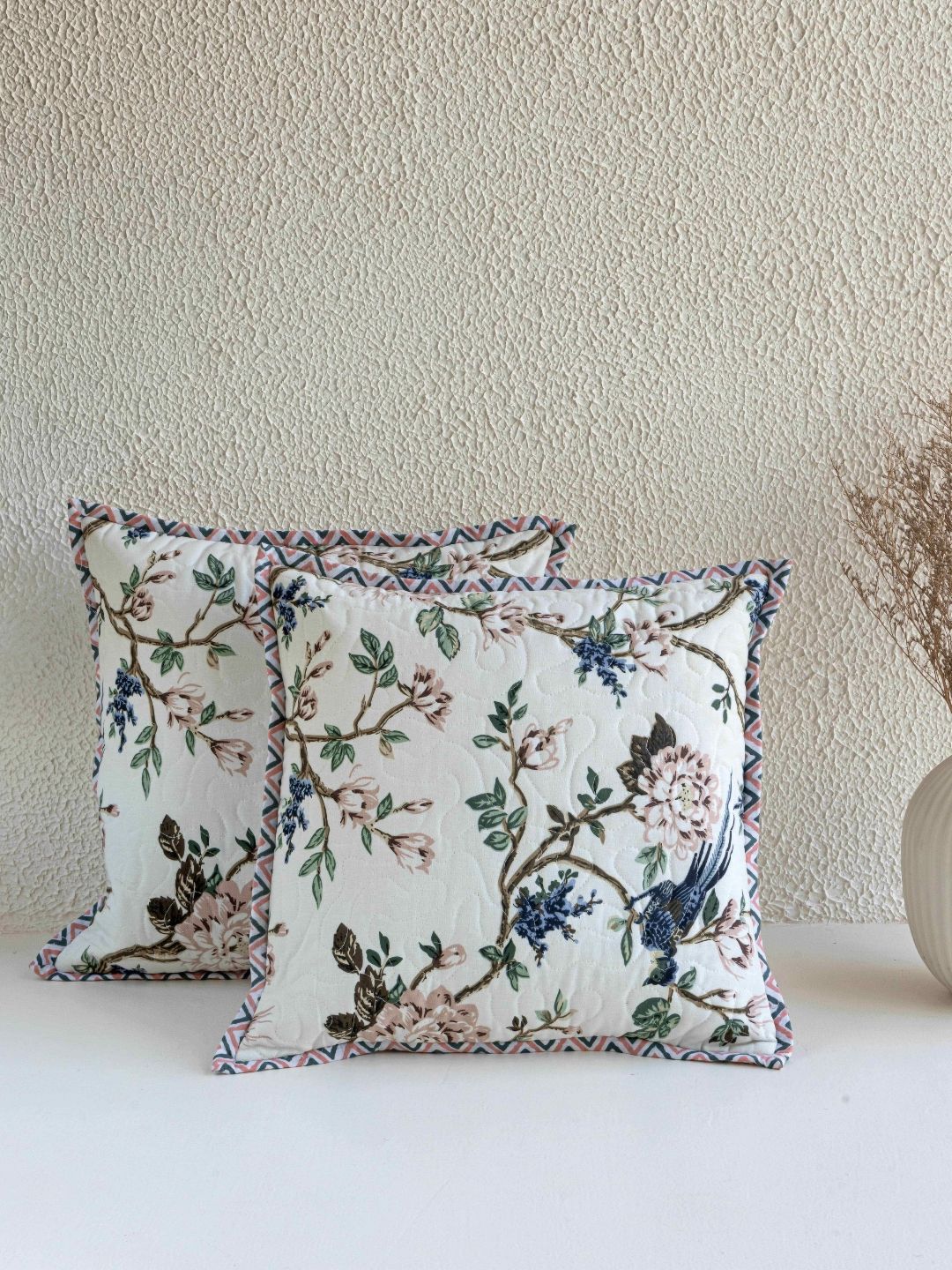 Clasiko Green & Pink Set of 2 Floral Square Cushion Covers-image-17