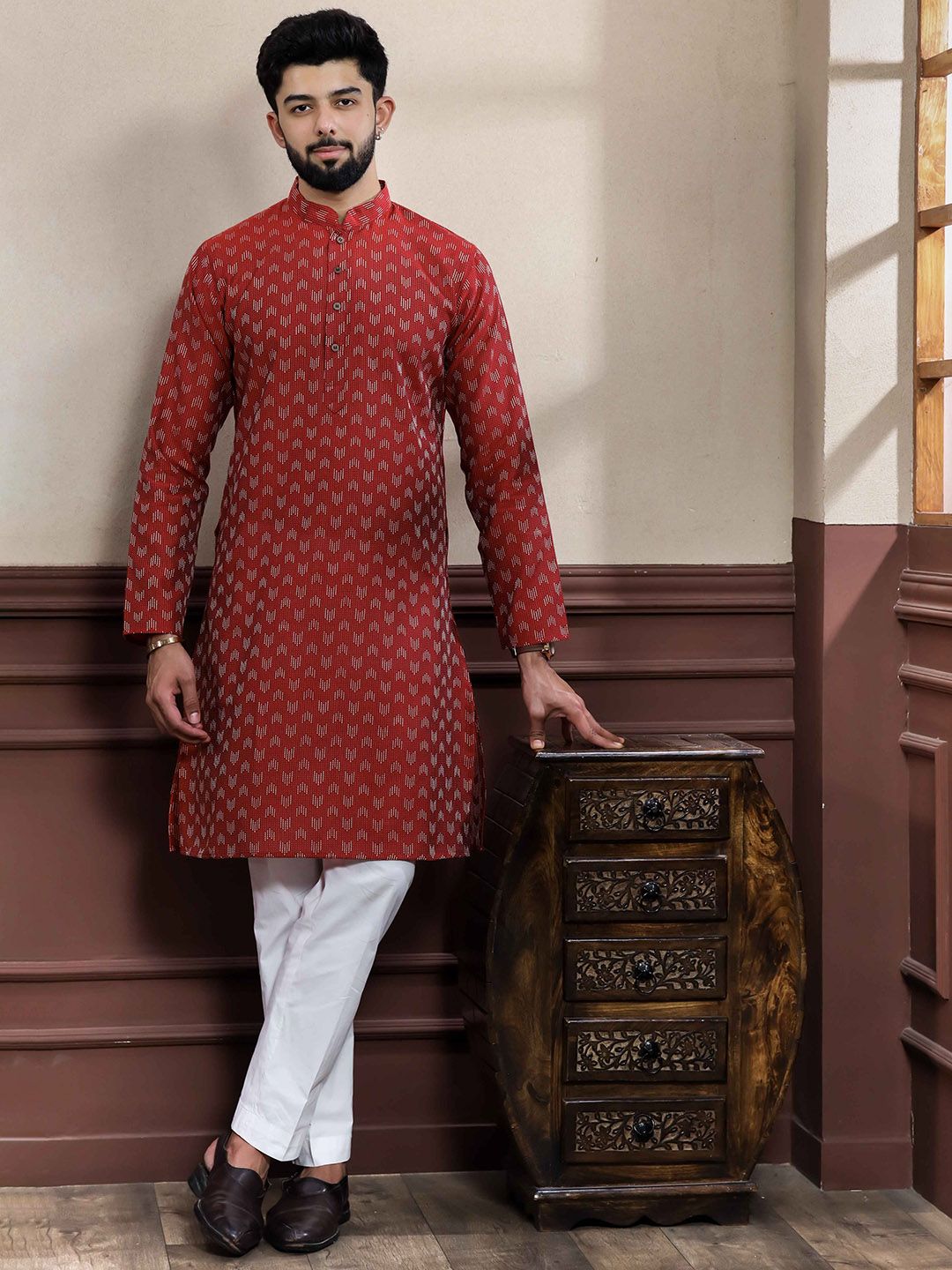 Koshin Geometric Embroidered Mandarin Collar Thread Work Straight Kurta-image-29