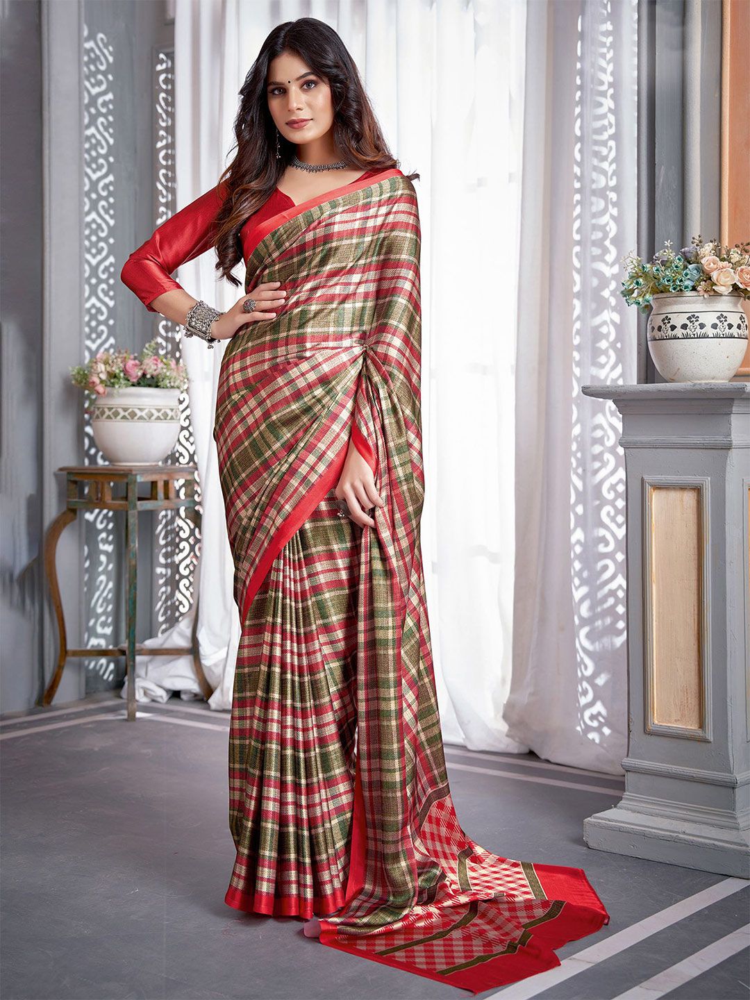 Anouk Rustic Checked Poly Crepe Block Print Saree-picture-21