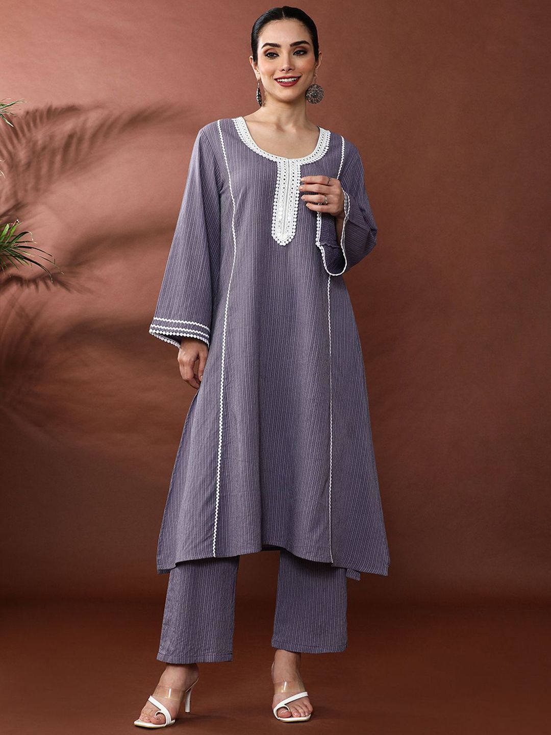 Anouk Striped Round Neck Panelled Mirror Work Pure Cotton Kurta With Trouser