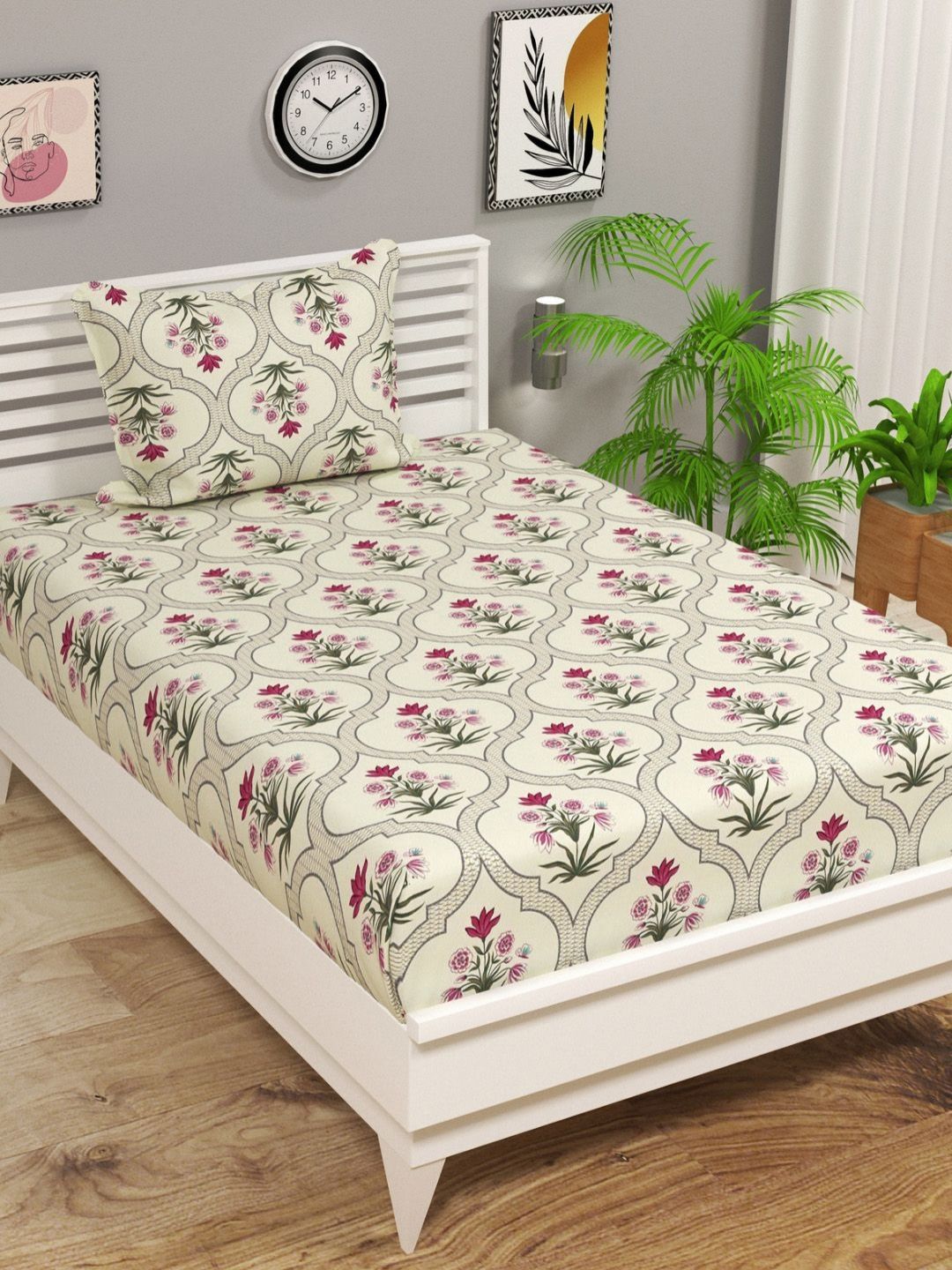 bsb home Pink & White Floral 210 TC Single Bedsheet with 1 Pillow Covers-picture-18