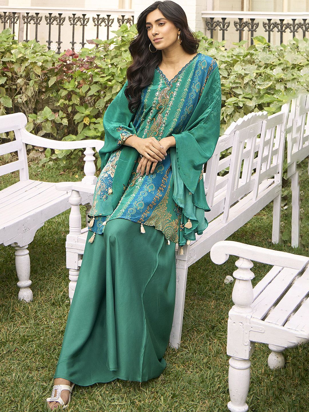 Kaftan Kurti with Tulip Pant in Pure Dola Silk with Manual Mirror Embroidery for Women