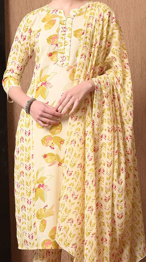 Women’s Pure Cotton Floral Kurta Set with Printed Dupatta – Breathable 3-Piece Set in M to 3XL