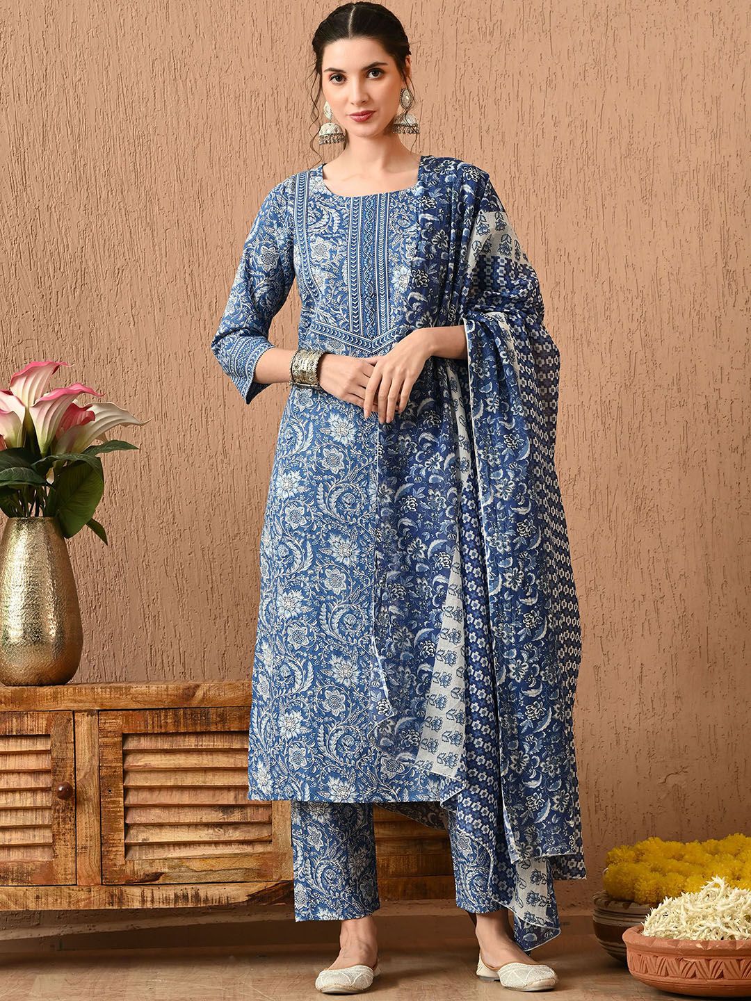 Anouk Women Floral Printed Regular Pure Cotton Kurta with Trousers & With Dupatta-picture-14