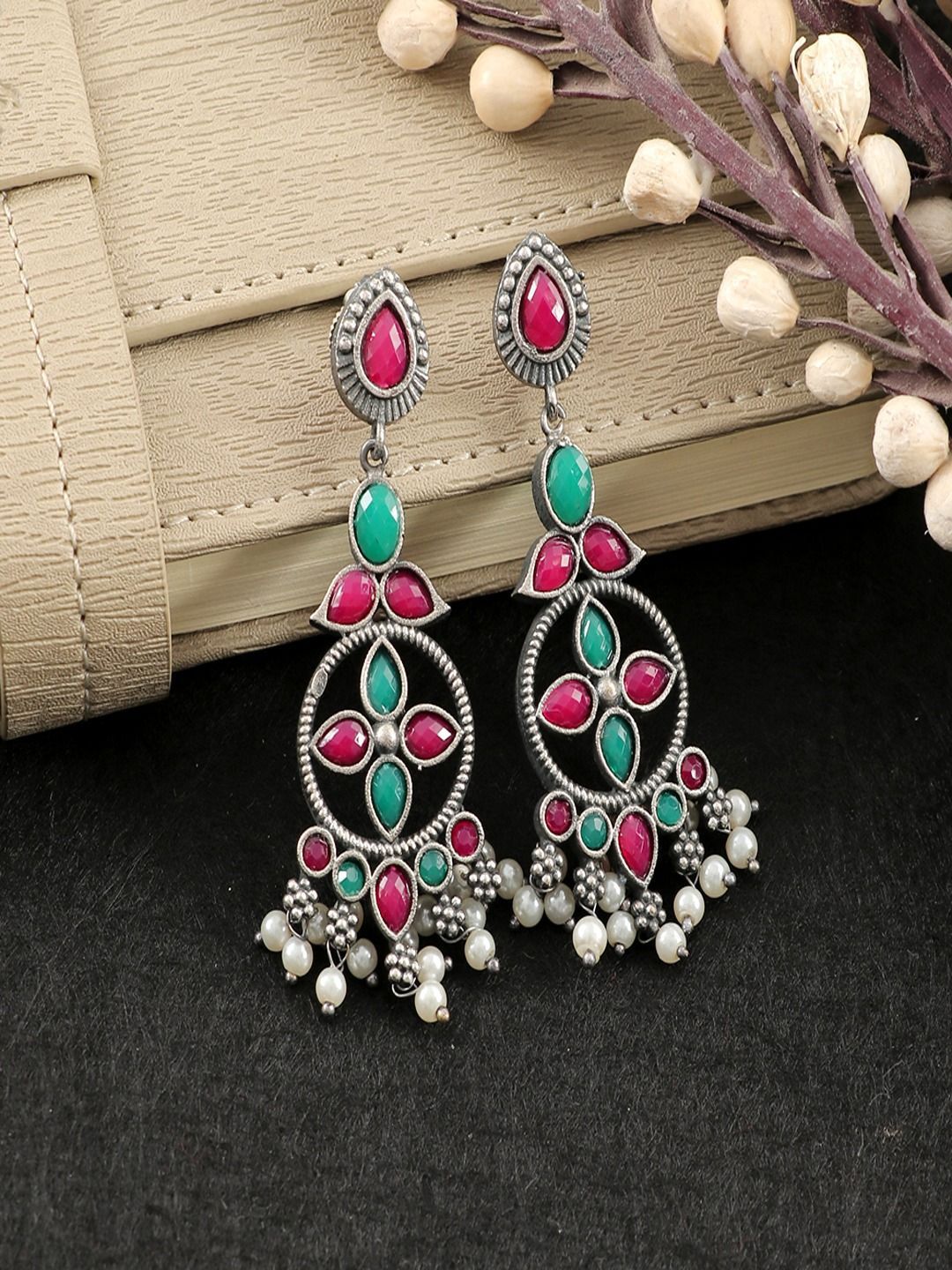 Sangria Silver-Plated Artificial Stones Studded Geometric Shaped Oxidised Drop Earrings-image-2