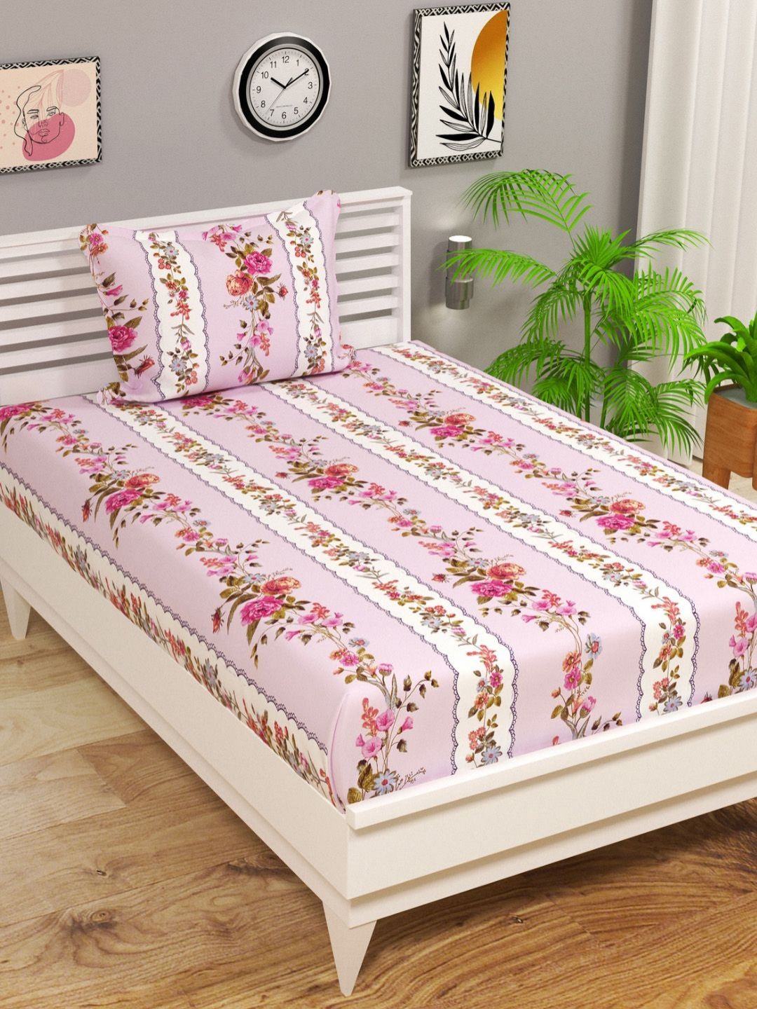 bsb home Pink & White Floral 210 TC Single Bedsheet with 1 Pillow Covers-picture-20
