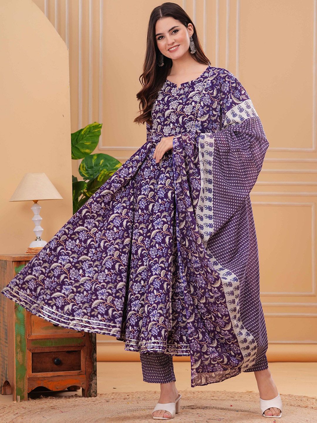 Mizaz Floral Printed Notch Neck Pure Cotton Anarkali Kurta with Trousers & Dupatta