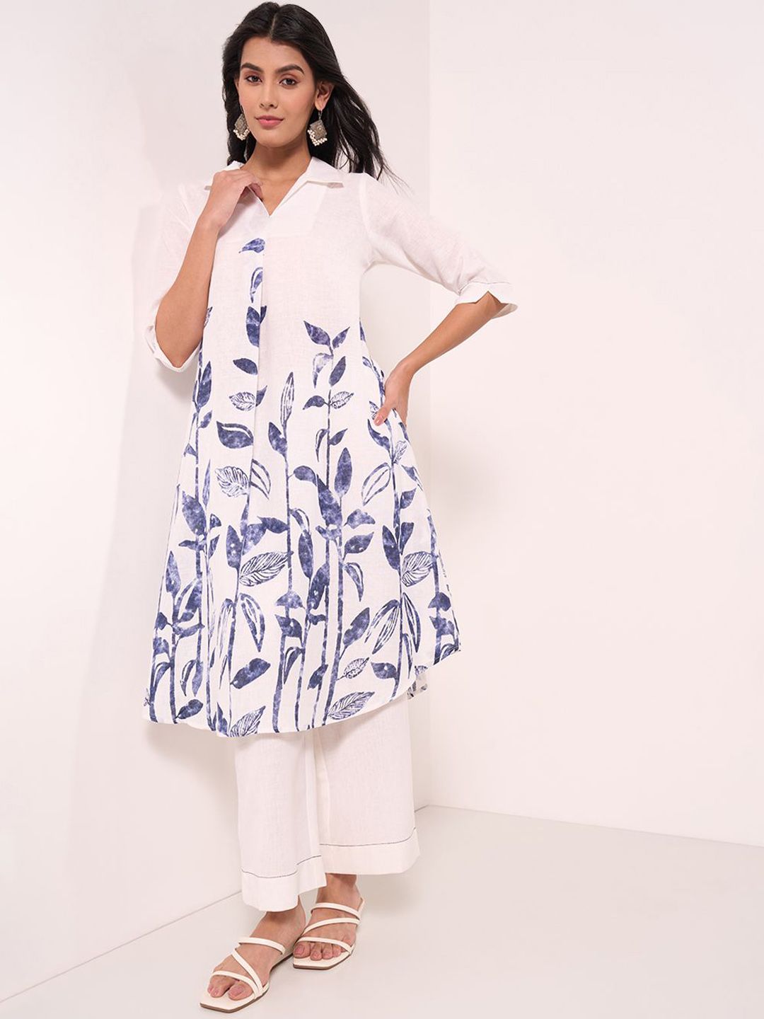 RANGMANCH BY PANTALOONS Floral Printed Shirt Collar Pure Cotton A-Line Kurta With Palazzos