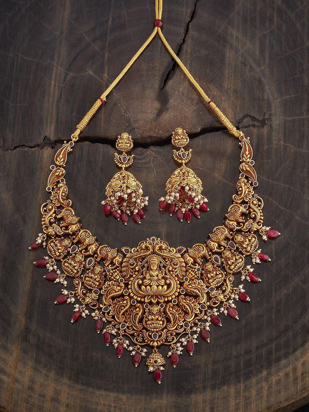Kushal's Fashion Jewellery Gold-Plated CZ-Studded & Beaded Lakshmi Antique Necklace-picture-45
