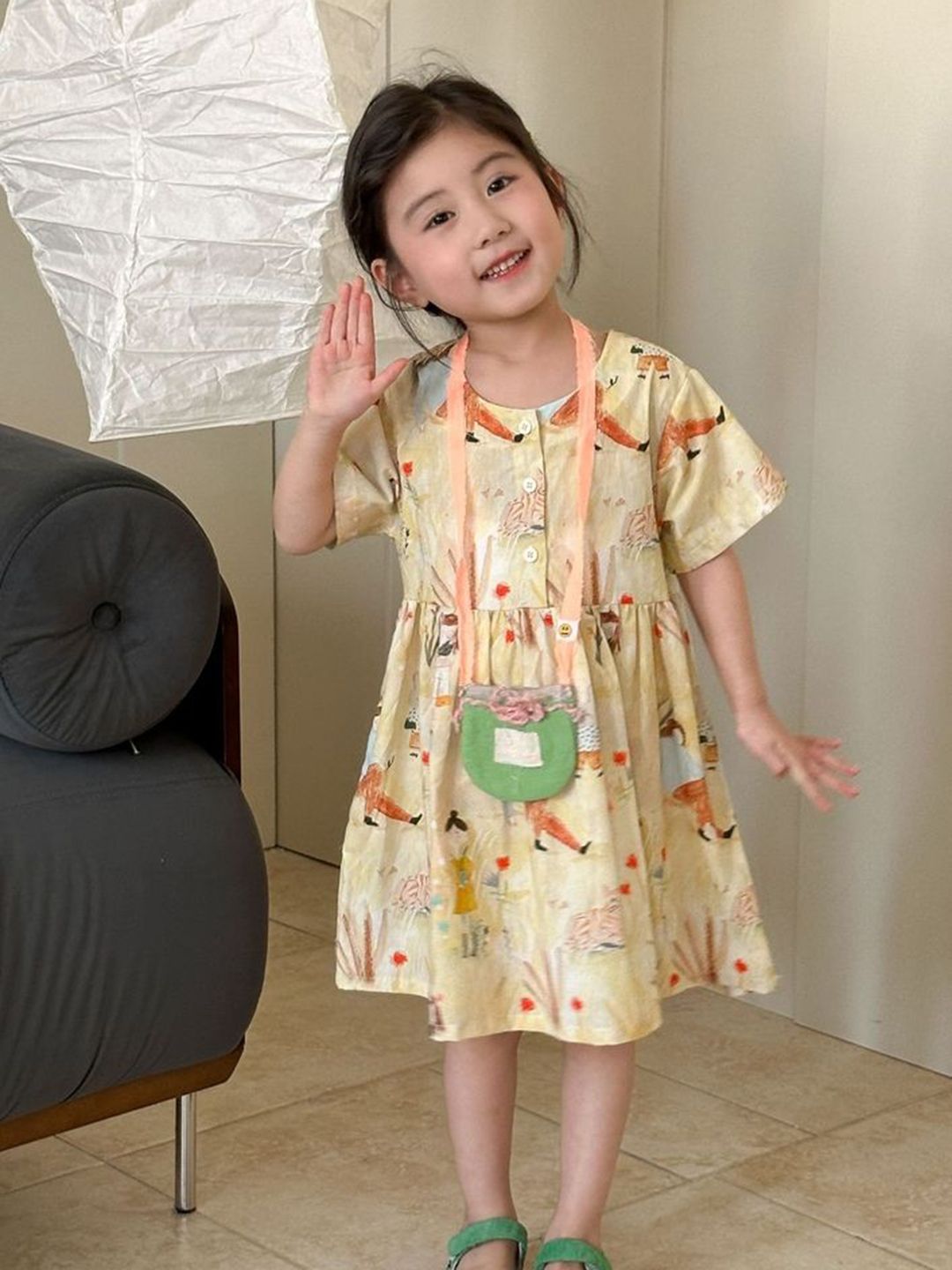 LULU & SKY Girls Conversational Printed Round Neck Pure Cotton Fit & Flare Midi Dress-picture-41