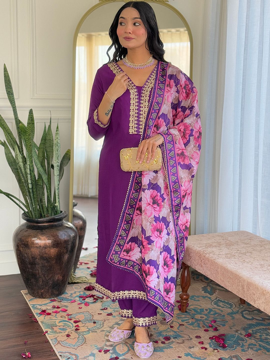 Peach Floral Printed Thread Work Detail Straight Kurta & Trousers With Dupatta