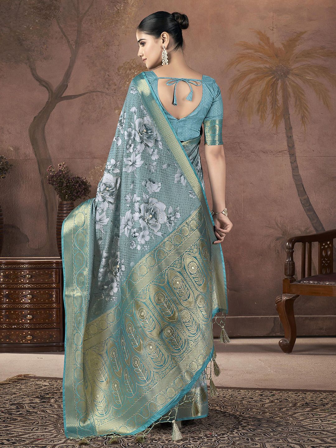 Coral Banarasi Floral & Striped Zari Woven Traditional Silk Saree main image 1