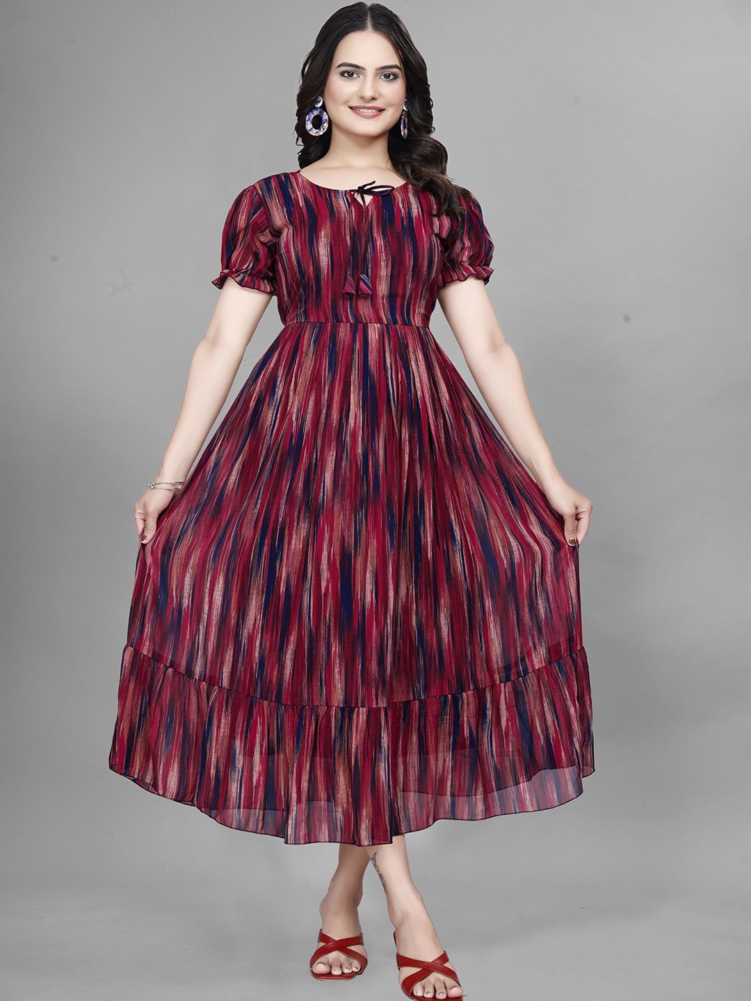QENA Print Puff Sleeve Georgette Fit & Flare Midi Dress