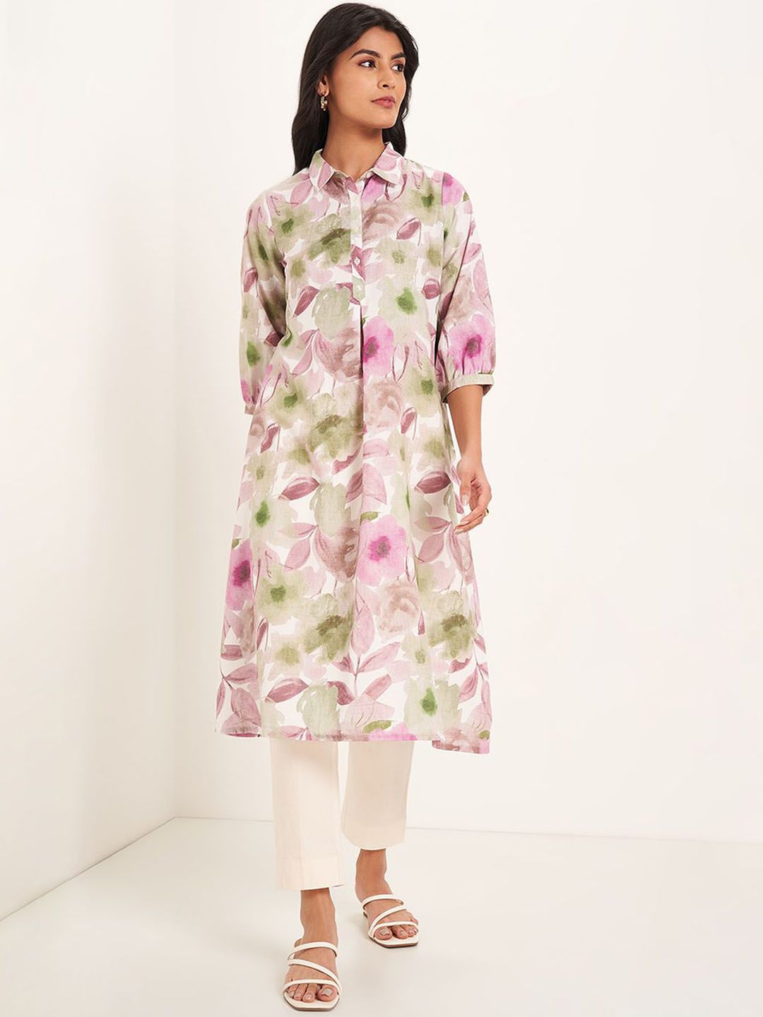 RANGMANCH BY PANTALOONS Floral Printed Shirt Collar Straight Kurta-picture-37