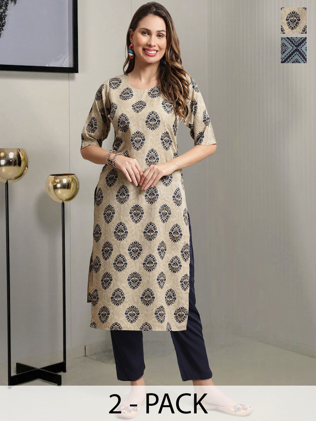 Moda Rapido Selection Of 2 Floral Printed Round Neck Straight Kurtas With Trouser