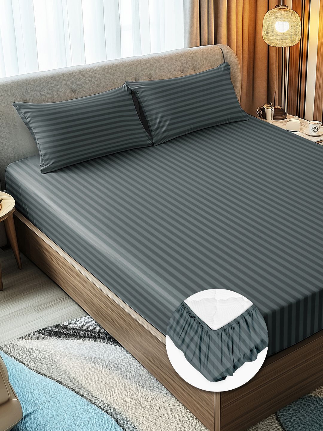 Story@home Dark Grey 300 TC Striped Queen Fitted Bedsheet With 2 Pillow Covers-picture-35