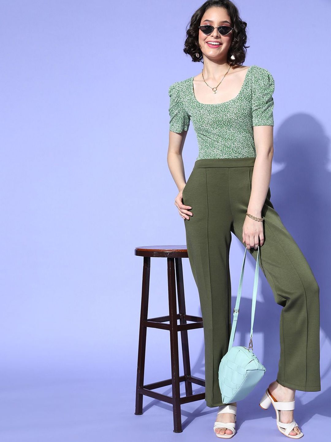 Button Front Puff Sleeve Floral Print Top