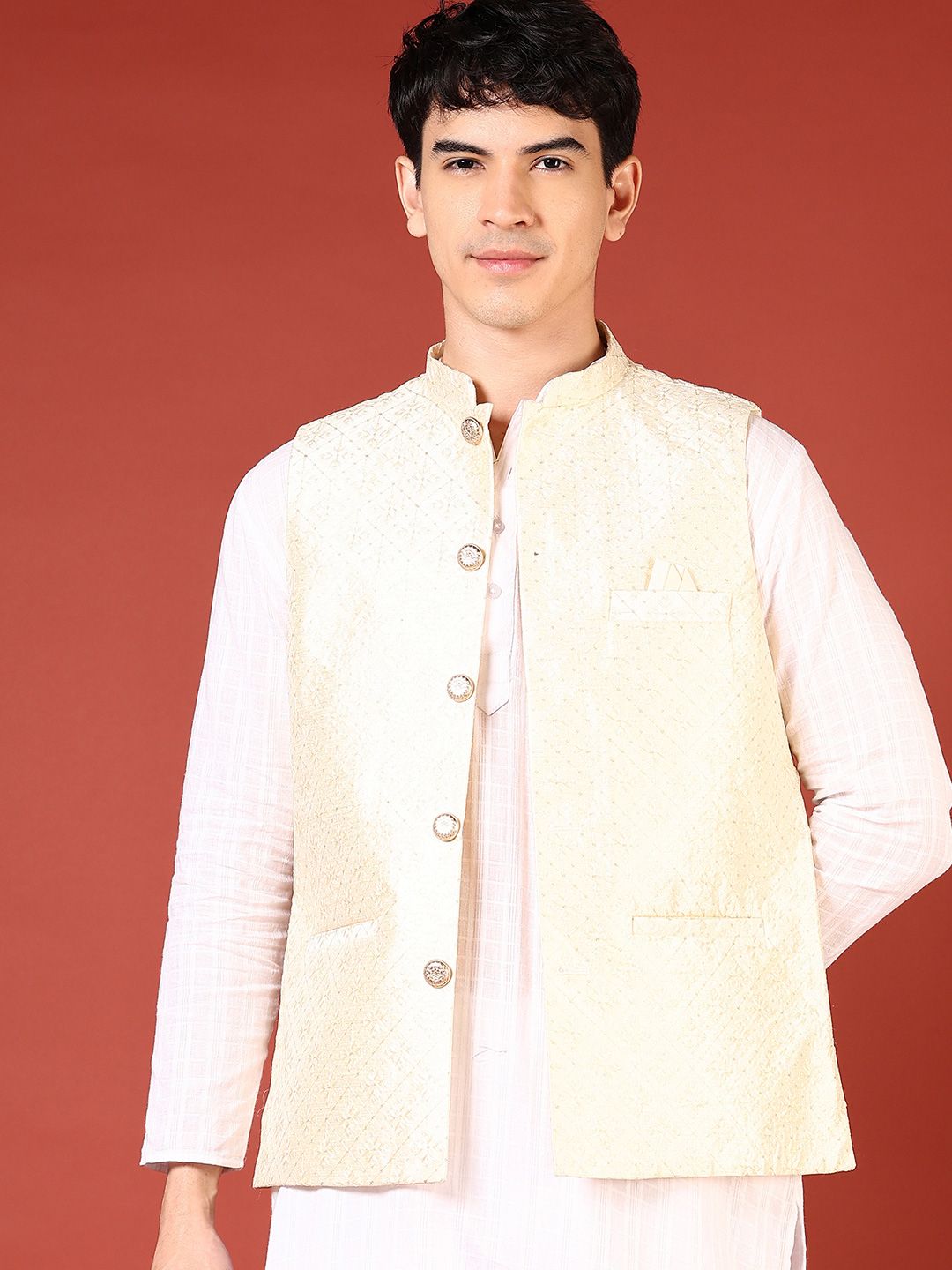 v-mart V-MartSelf Design Mandarin Collar Nehru Jacket-picture-29