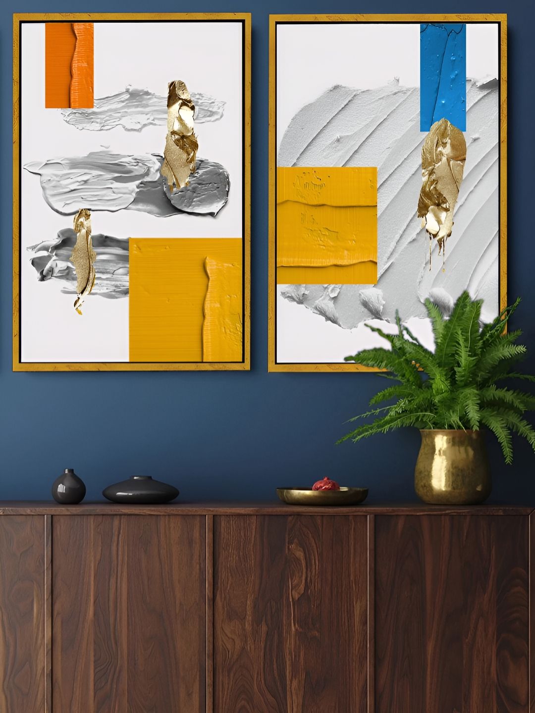 Art Street Gold-Toned & White 2 Pieces Geometric Printed Canvas Wall Paintings-picture-13