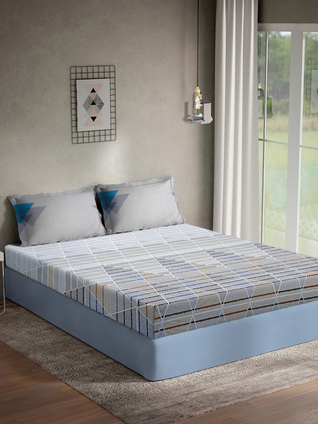 Myntra Elegant Homes Blue & Brown Geometric 400 TC King Bedsheet with 2 Pillow Covers-picture-57