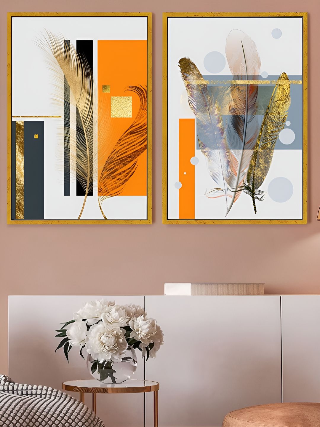 Art Street Luxury Hall Orange Colored & White 2 Pieces Printed Canvas Wall Paintings-picture-14