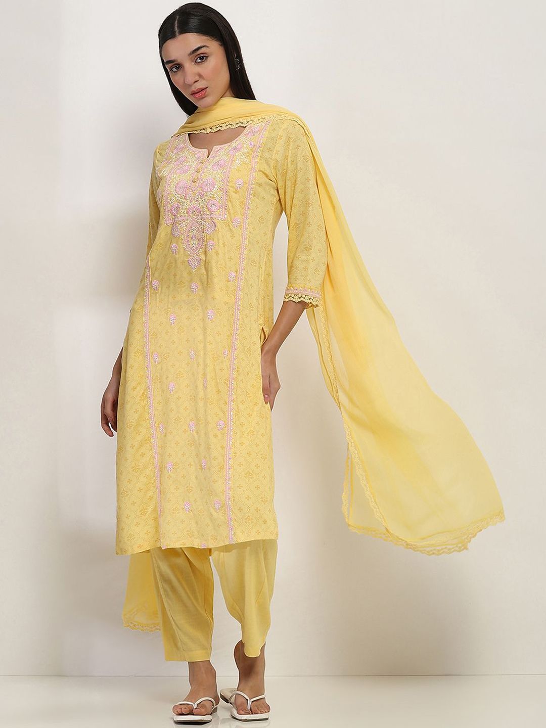 Rangriti Floral Printed Thread Work Pure Cotton Straight Kurta With Trousers & Dupatta-picture-11
