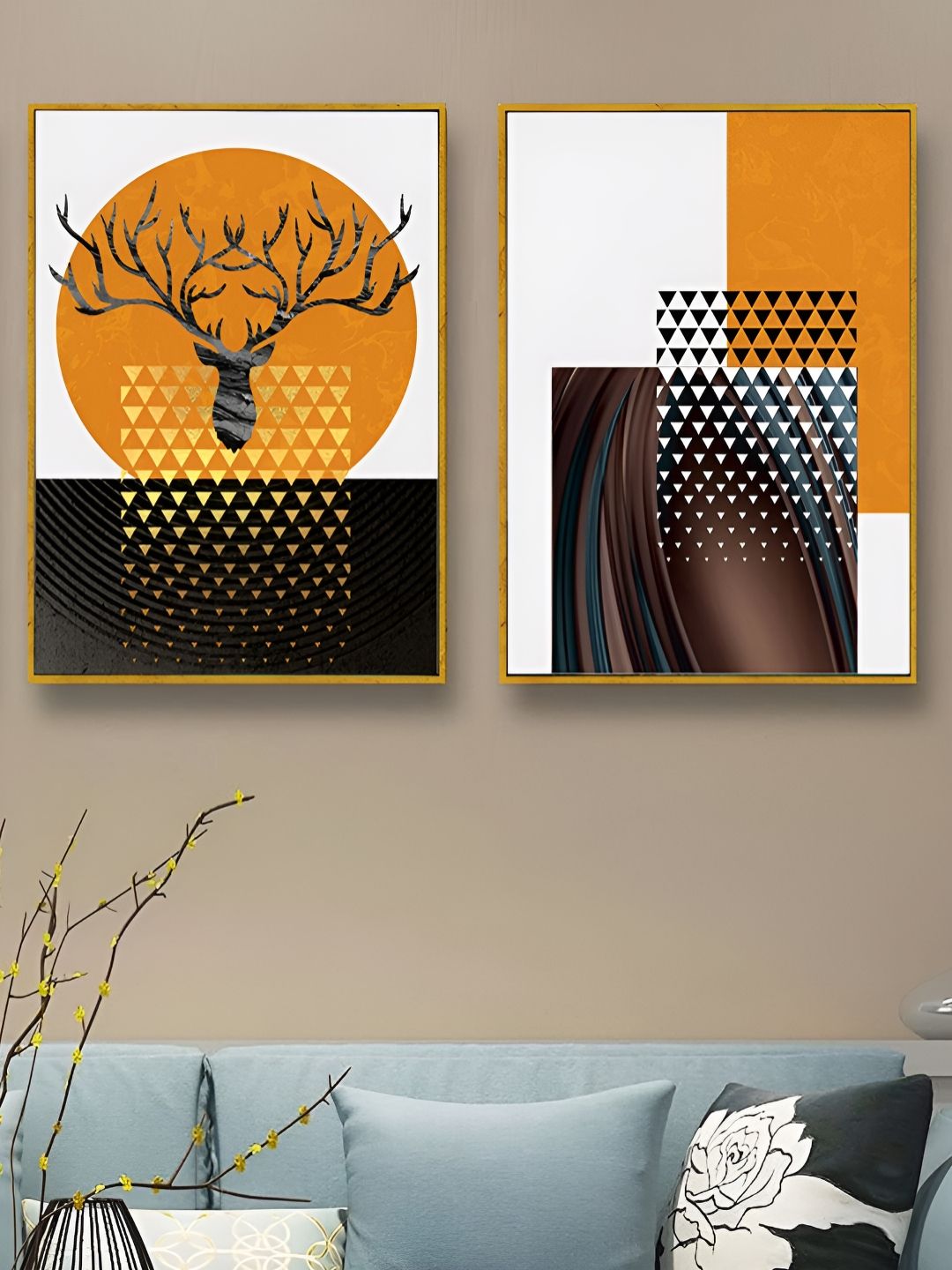 Art Street Orange Colored & Gold-Toned 2 Pieces Printed Canvas Wall Paintings-picture-13