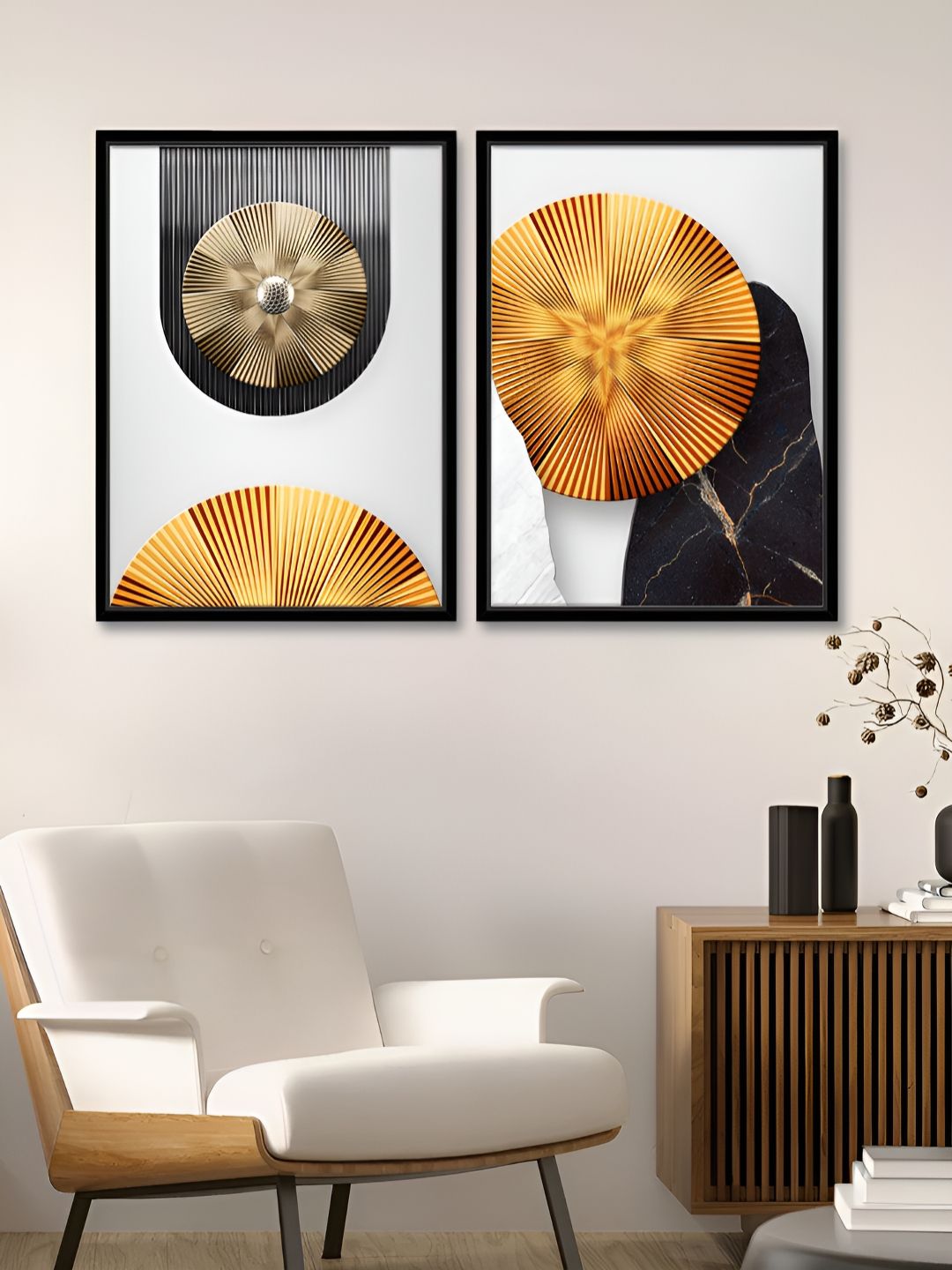 Art Street Turntable Strobe White & Gold-Toned 2 Pieces Printed Canvas Wall Paintings-picture-25