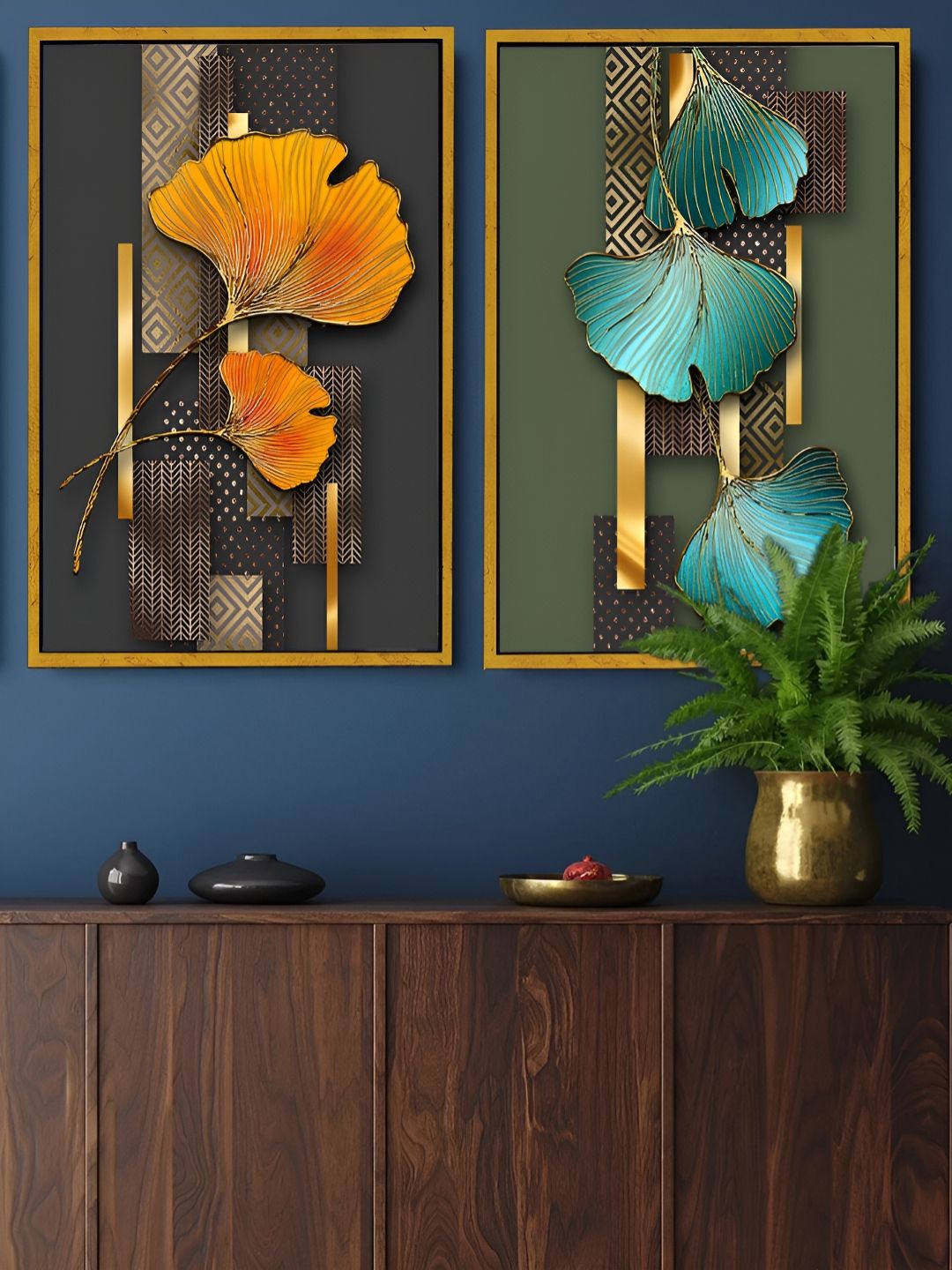 Art Street Ginkgo Biloba Yellow & Green 2 Pieces Floral Printed Canvas Wall Paintings-picture-12