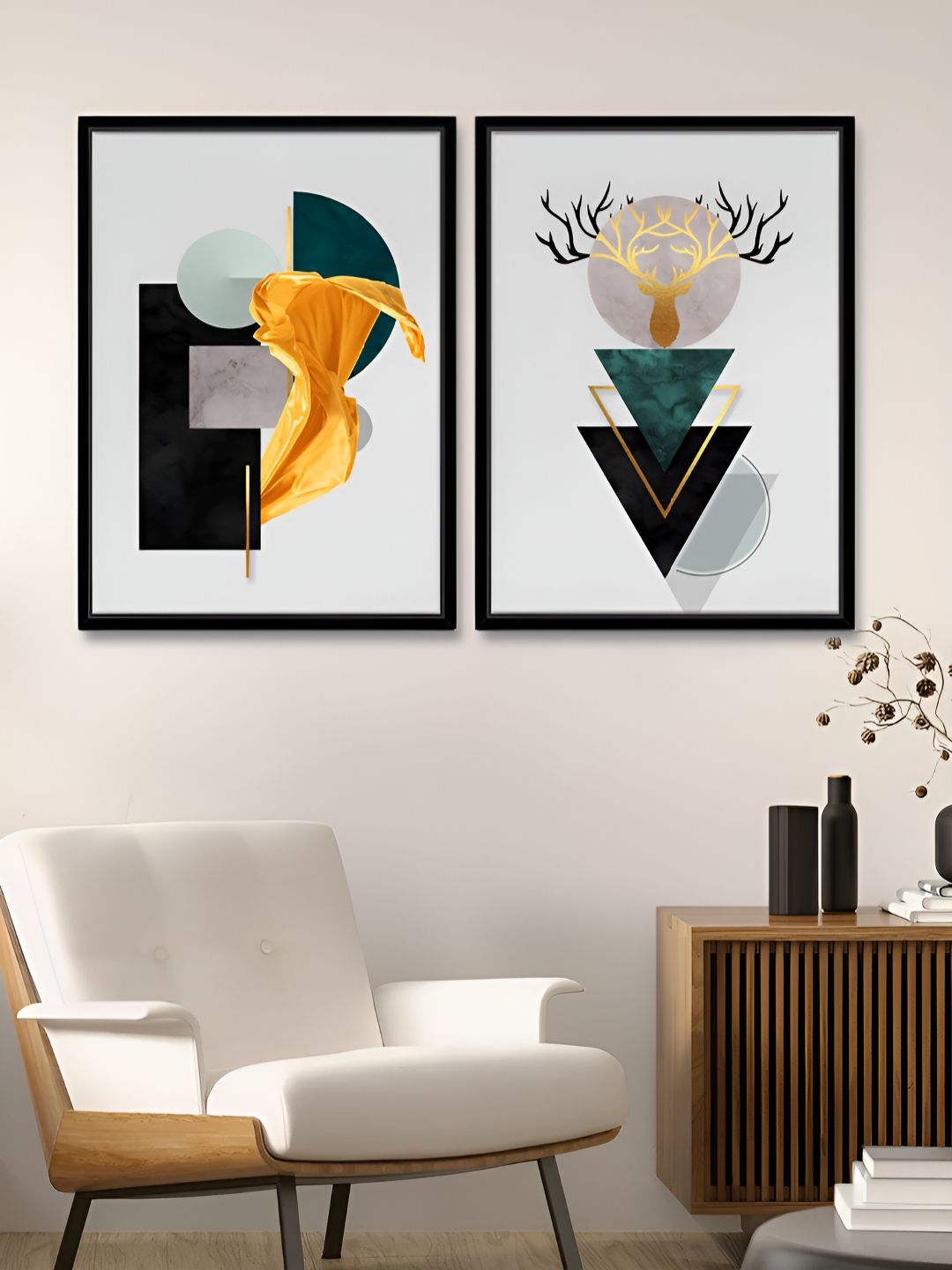 Art Street White & Gold-Toned 2 Pieces Geometric Printed Canvas Wall Paintings-picture-23