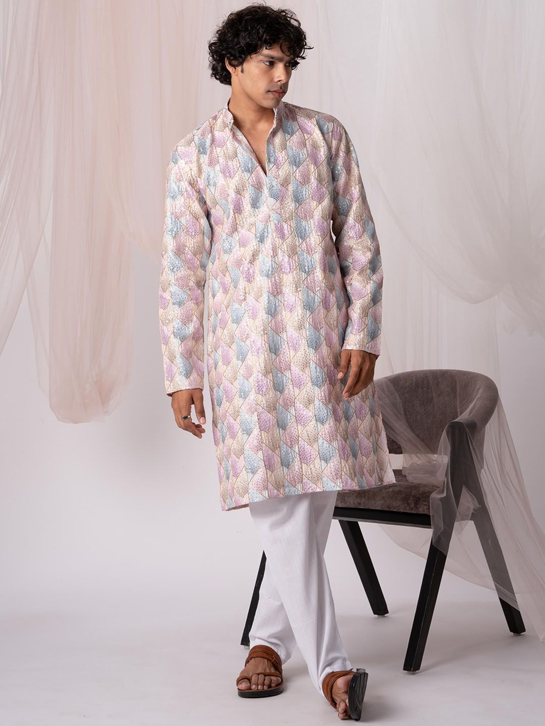 5 Stitch Men Embroidered Sequinned Chanderi Silk Kurta-picture-23