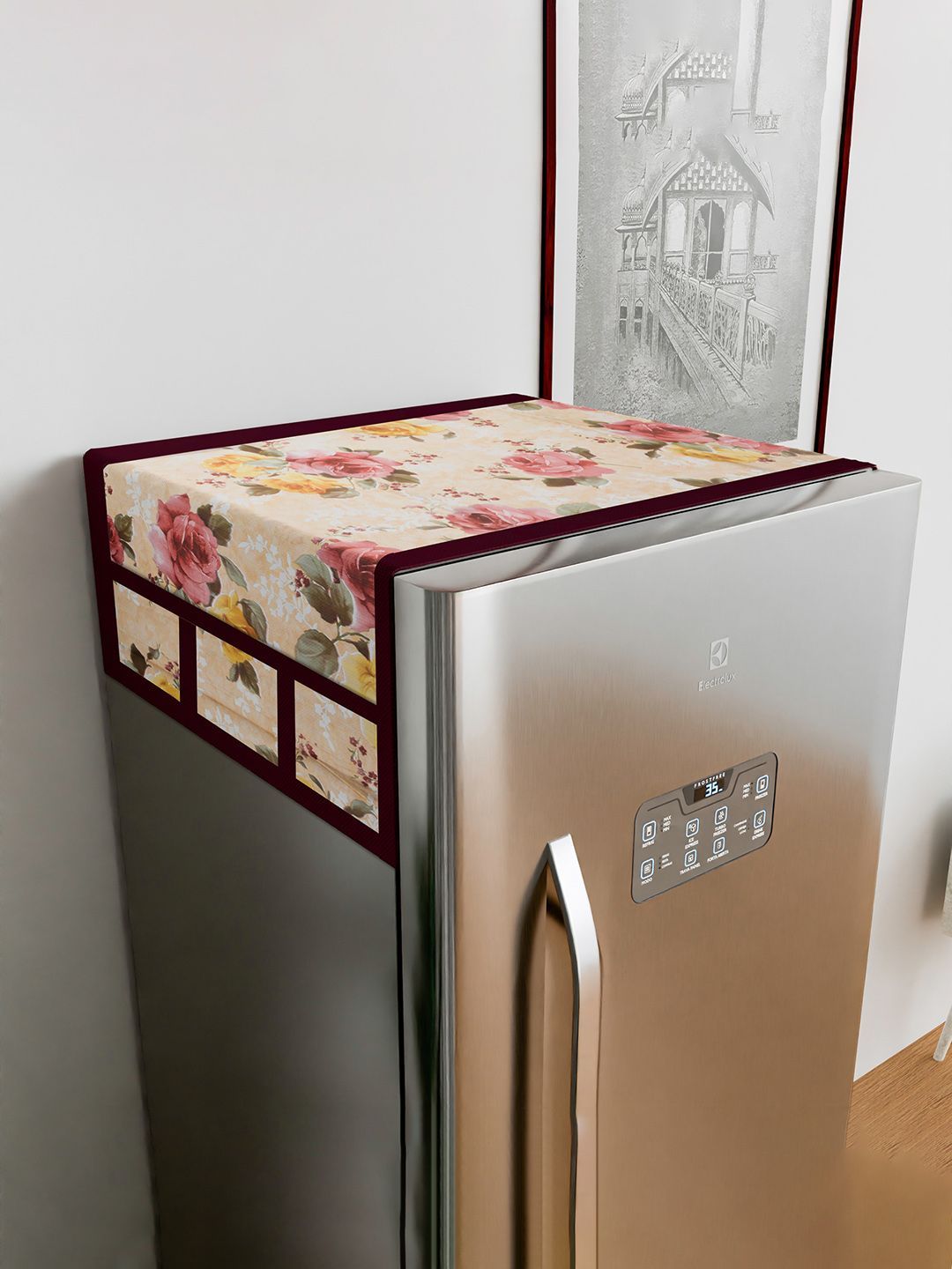 Kuber Industries Beige & Maroon Printed Fridge Top Cover With 6 Side Pockets-image-30