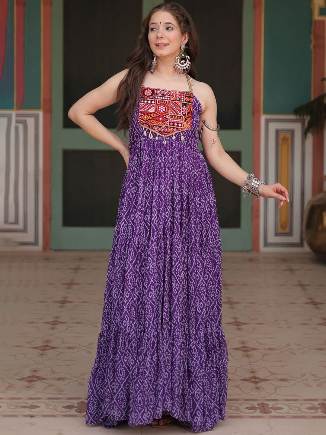 KALINI Bandhani Printed Mirror Work Tiered Anarkali Ethnic Dress-image-17