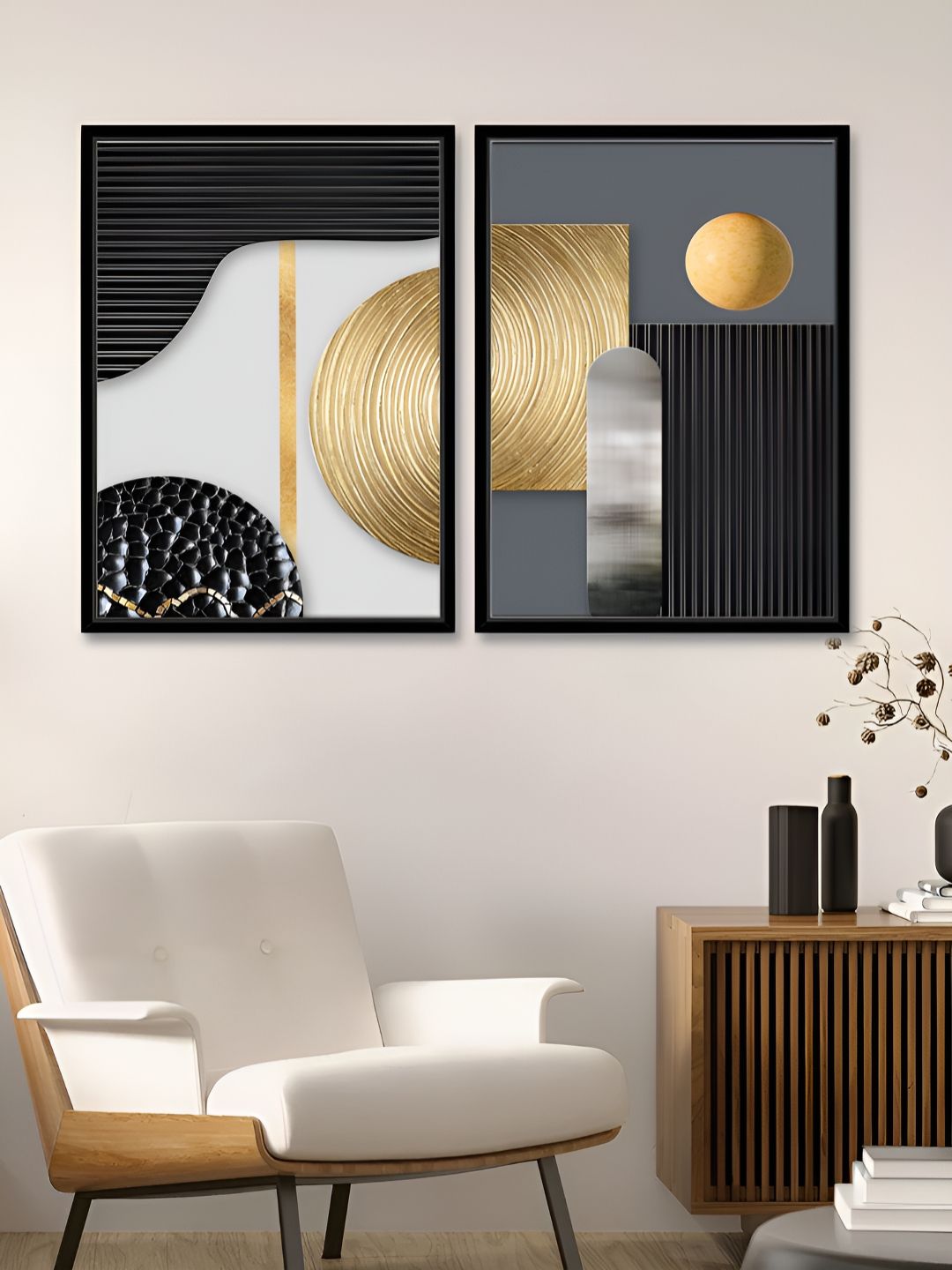 Art Street Retro White & Gold-Toned 2 Pieces Printed Canvas Wall Paintings-picture-24