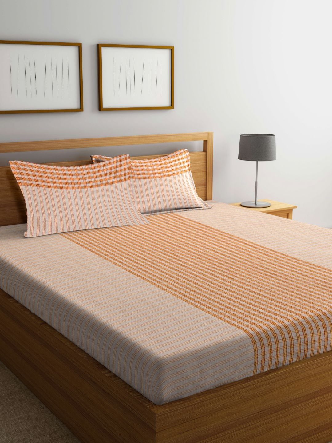 Myntra Elegant Homes Orange & White Striped 400 TC King Bedsheet with 2 Pillow Covers-image-17