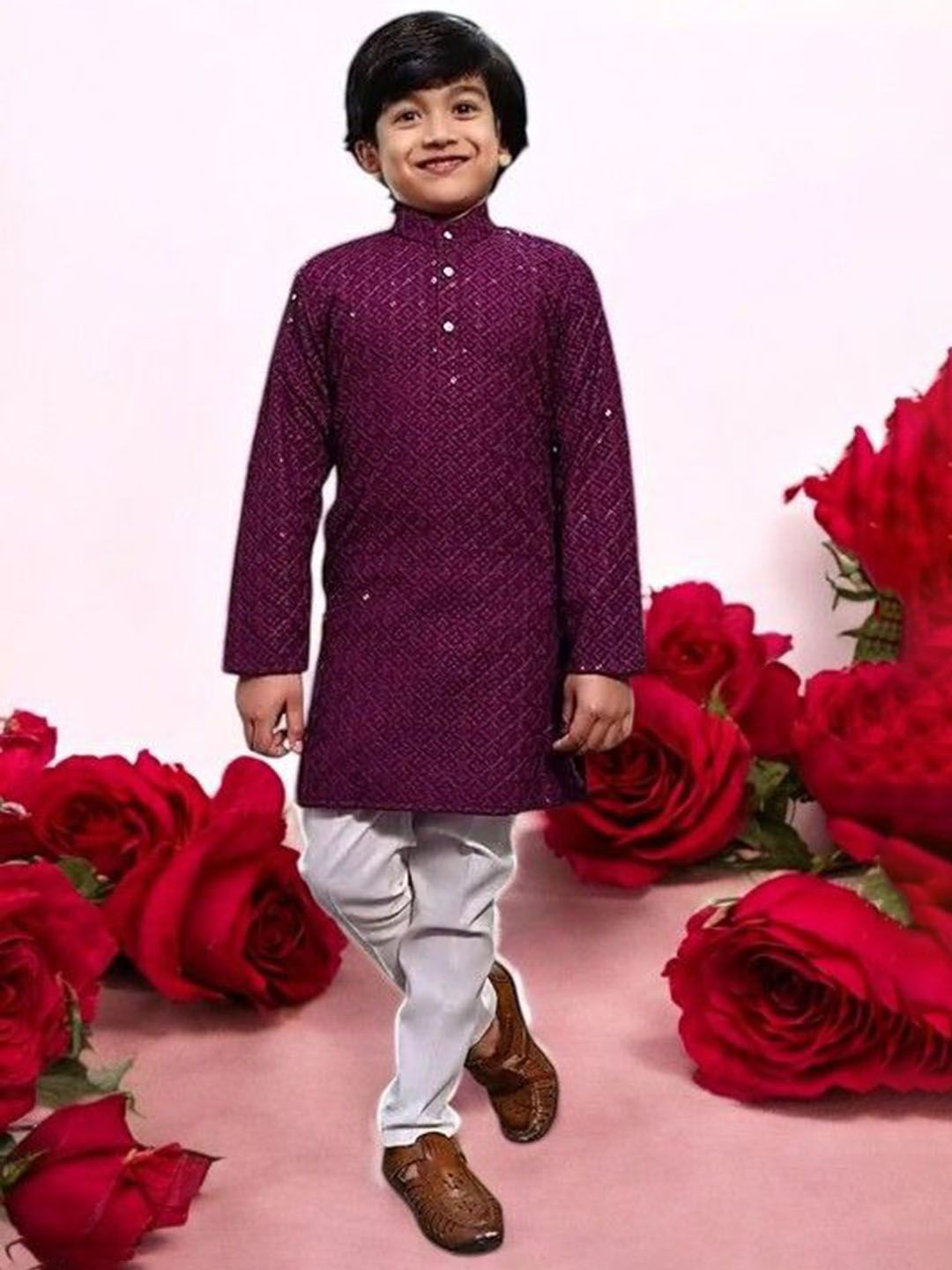 Qtsy Boys Floral Embroidered Regular Mirror Work Pure Cotton Kurta with Pyjamas-image-23