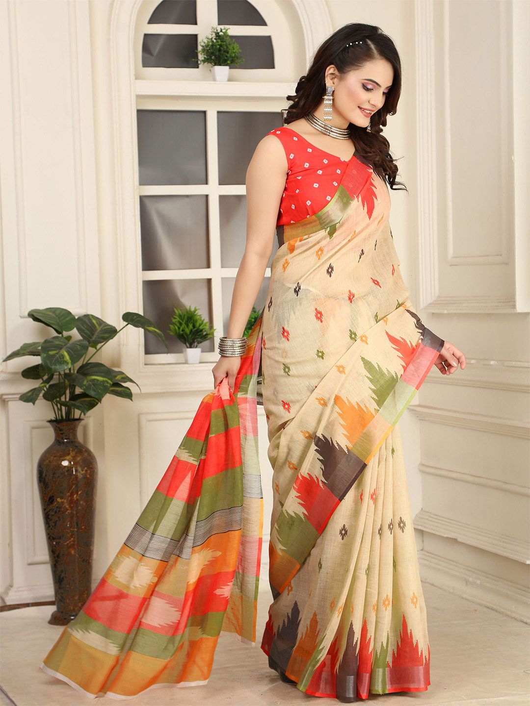 Anouk Woven Design Zari Linen Blend Saree