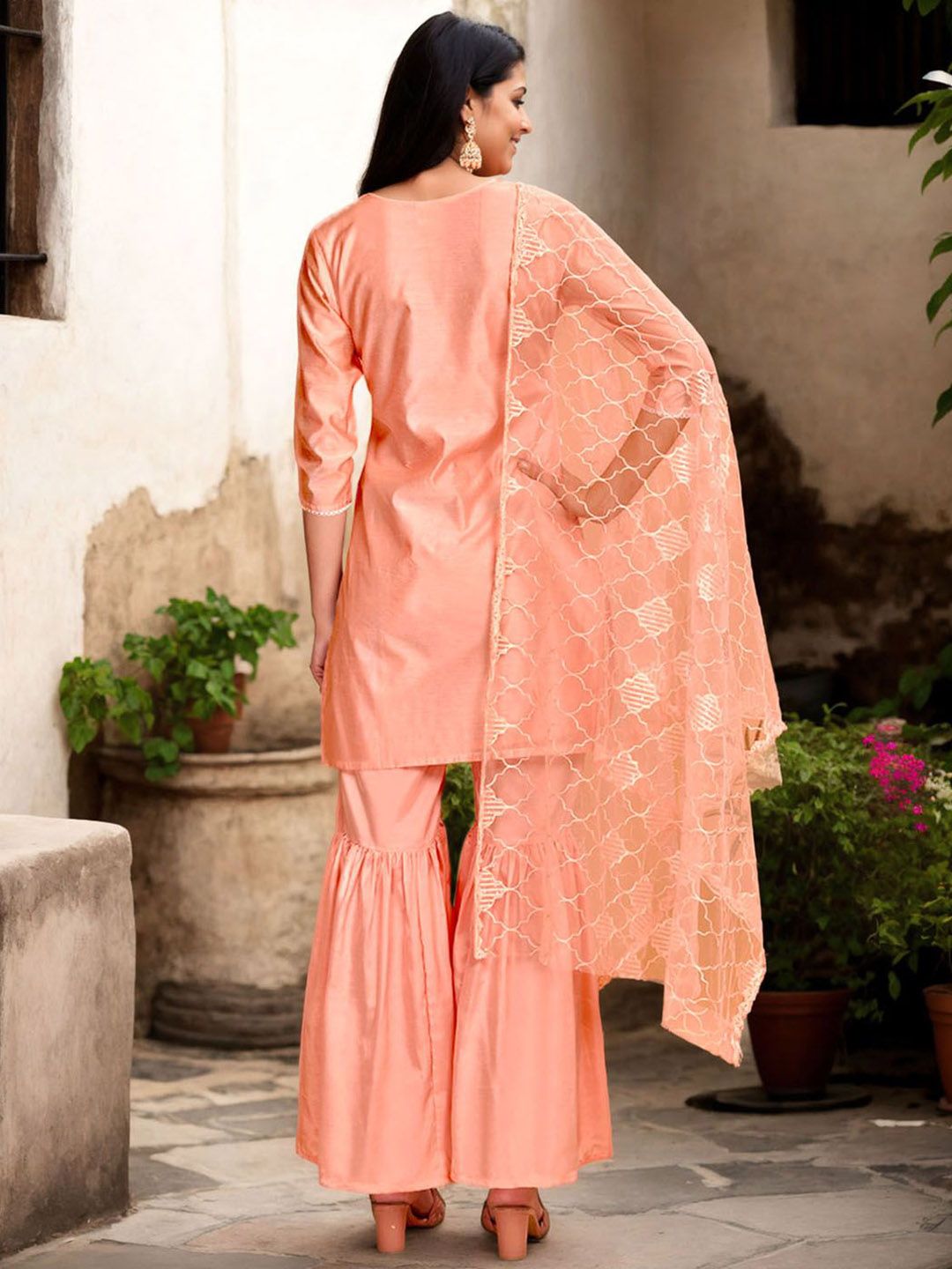 Women Maroon Embroidered Chanderi Cotton Kurta With Trousers & Dupatta