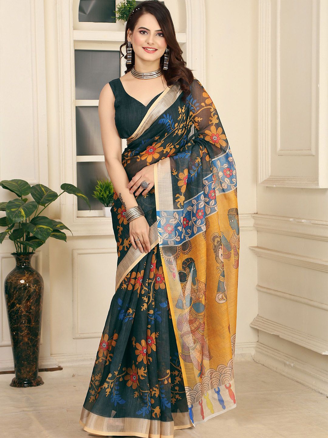 Anouk Kalamkari Zari Linen Blend Saree