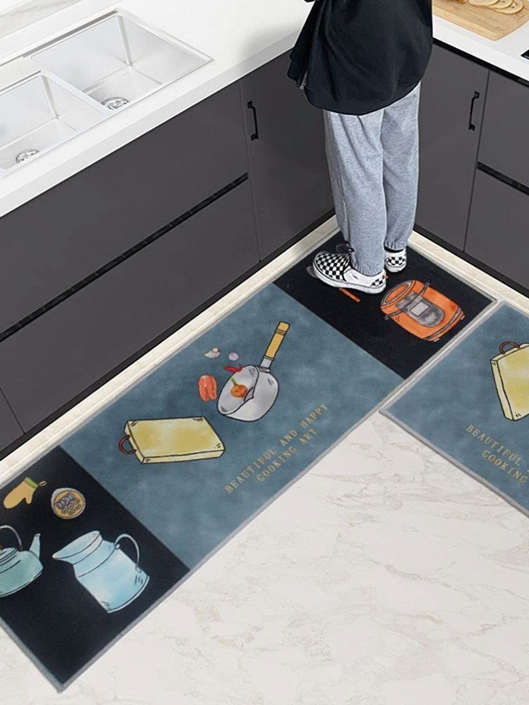 FAVRIA 2 Pcs Blue & Black Printed Anti-Fatigue Kitchen Floor Mat-picture-11