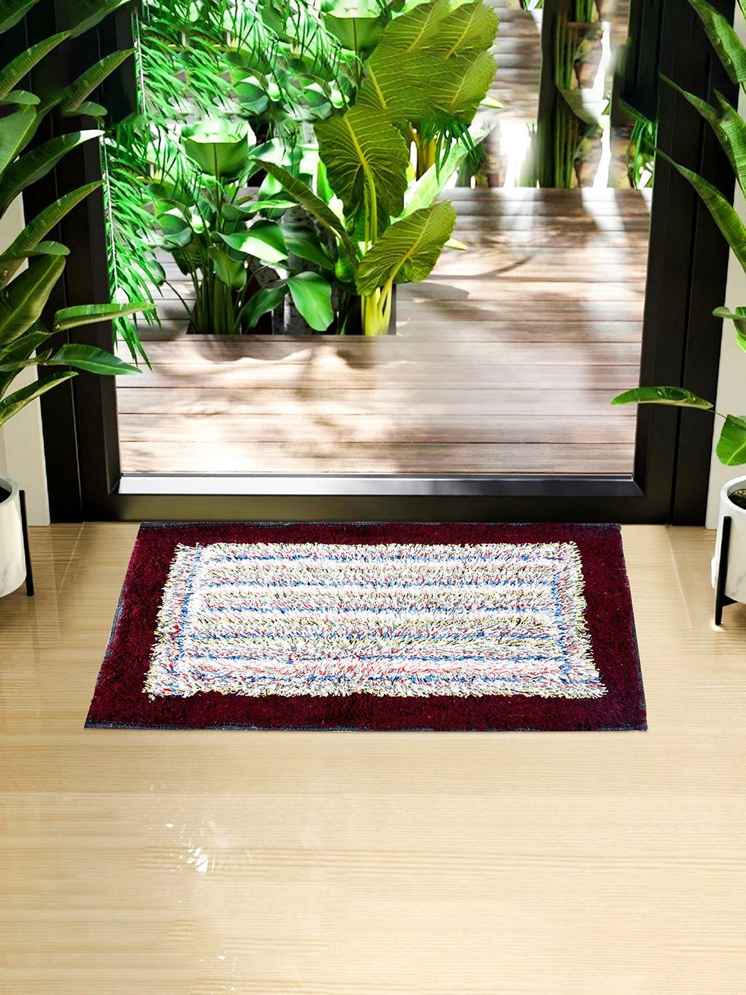 Kuber Industries 2 Maroon & White Striped Rectangular Stain Resistant Dust Trapper Doormat-image-10
