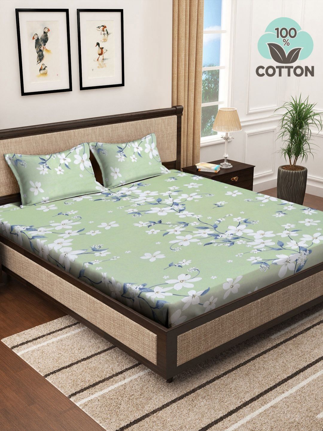 Myntra Elegant Homes Green & White Floral 400 TC King Bedsheet with 2 Pillow Covers-picture-51